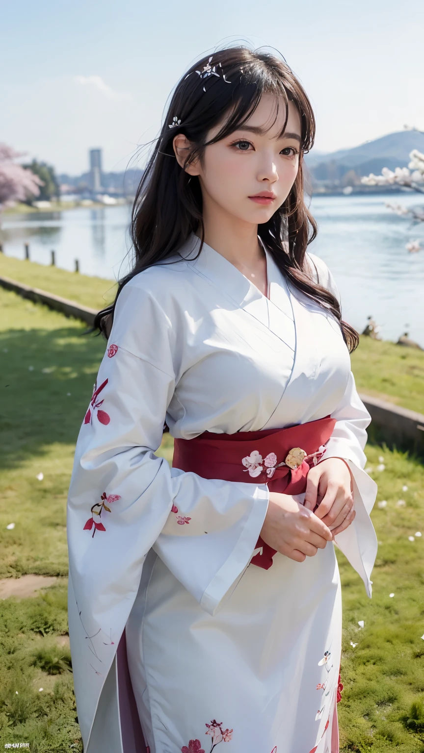 (logo、masterpiece、8k、table top、RAW photo、wonderful、最high quality、Photorealistic and hvery detailed CG integrated 8k wallpaper、high quality、very detailed、narrative poem、particle effects、dynamic effects、Depth of the bounds written、cinematic light、Lens flare、ray tracing)、fantasy、 (1 beautiful woman、white kimono、Japan Dresses、white cherry blossom pattern、White cherry blossom embroidery pattern、black haired、beautiful face、real face、beautiful details eyes beautiful skin)、Hair flutters in Wind、hair bounces、pink cherry tree、petals dance、SakuraFubuki、Spectacular view、sunrise、sun on background、Wind、god々、tooth、god話、vast land、