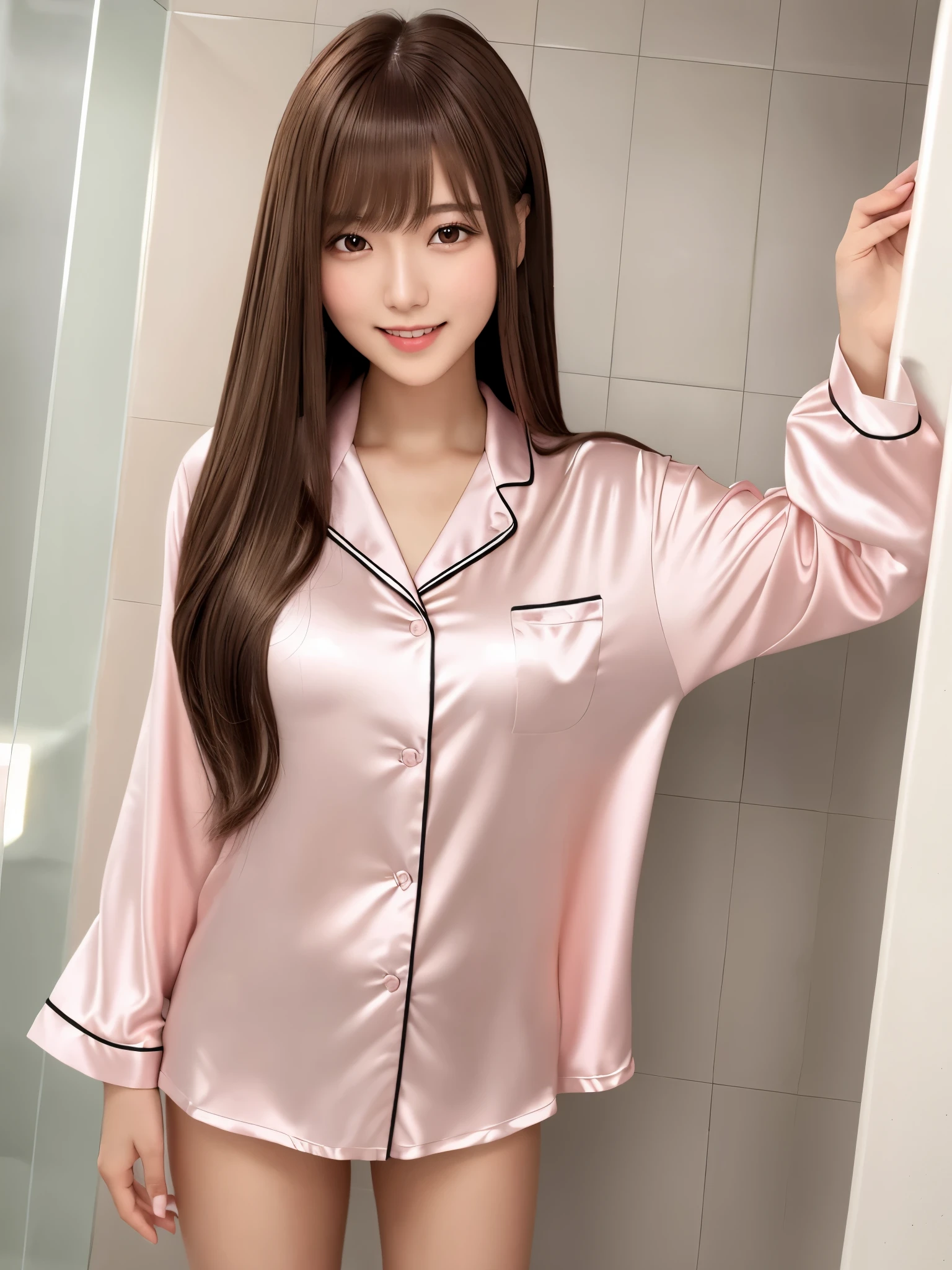 product quality, 1 girl per 1 photo, upper body shot, front view, a Japanese young pretty girl, long bob hair, standing with a big smile in shower room in the night, long sleeves and light pink collared shiny satin pajama tops, white panties, hyper cute face, glossy lips, double eyelids for both eyes, natural makeup, shiny smooth light brown hair of long bob hair, asymmetrical bangs, high resolution, high detail, detailed hairstyle, detailed face, cinematic lighting, octane rendering, hyper realistic, perfect limbs, perfect anatomy