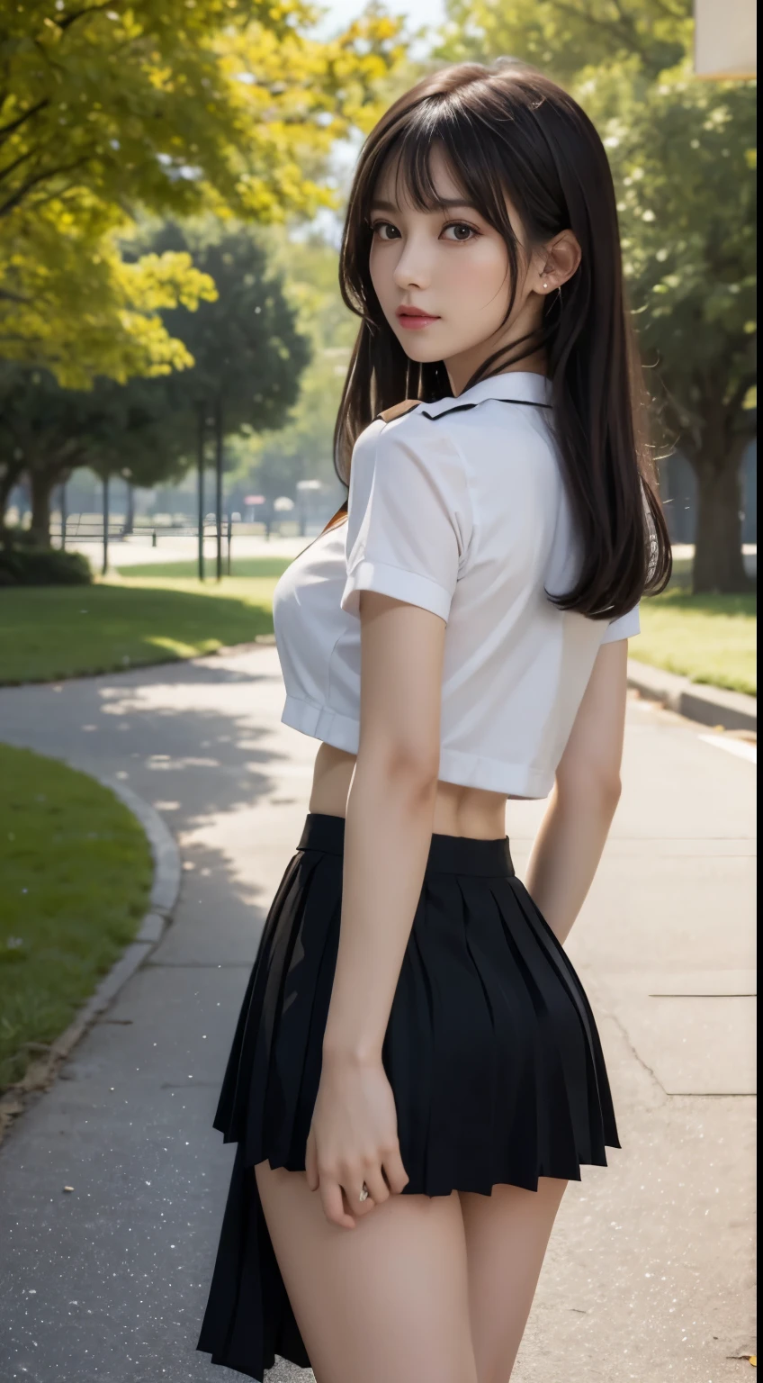 (highest quality:1.4), (hyper quality), (Super detailedな), 1 beautiful girl, (group of female high school students:1.3), Super cute, wonderful face and eyes, (Short-sleeved sailor suit made of thin white fabric), Black pleated micro mini skirt with low rise:1.1, (black pleated mini skirt:1.5), (Beautiful and incredibly big breasts:1.3), (The shape of the nipple protrusions through the uniform:1.4), (uniform is not exposed:1.2), (The fabric of the uniform is thin and the shape of her chest is clearly visible.:1.3), Realistic uniform wrinkles, (red scarf:1.1), (underboob:1.1), (Massaging her breasts over her uniform:1.2), (slender body:1.1), (slender and long beautiful legs), (thin waist), real skin texture, crystal clear very white skin, (bangs:1.2), earrings, light makeup, (Don't look at me, look ahead), beautiful goddess advent, beautiful background, golden ratio, conceptual art, Super detailed, Accurate, advanced details, (walk along a path surrounded by fields:1.2), My chest sways, Super close, sexy art, (Under the summer sun), bright light, Super delicate illustration details, Highly detailed CG integrated 8k wallpaper, RAW photo, professional photos, cinematic lighting, Depth of the bounds written, No bra, (The nipple protrusions push up the uniform:1.2), cropped tops, High heels on bare feet, (back view, stick out your butt)