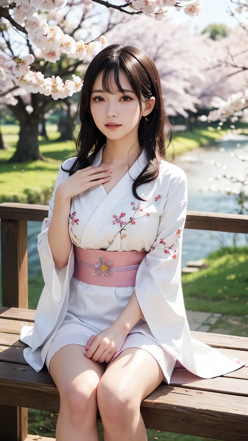 In a futuristic scene, Mechanically enhanced Japanese geisha、Elegant in an elaborate garden. She has beautifully detailed eyes and lips that complement her face. Geishas wear traditional kimonos with intricate patterns and designs.。.。.。14 year old girl.. Around her are bright cherry blossoms and a quiet carp pond. The scenes are drawn using a combination of illustration and photorealism, cherry blossoms吹雪,Highly detailed brush strokes and sharpness, bright colors. Lighting that highlights the graceful figure of a geisha, Gives your skin a soft porcelain-like shine。. Artwork is of the highest quality, Displaying the exquisite details of geisha costumes, cherry blossoms, With sparkling carp scales. The overall color scheme is、、、、traditional Japanese color combinations, crimson, wait., black people, With subtle gold accents, with a futuristic twist. Fusion of ancient tradition and modern technology、、Create mesmerizing and visually impressive masterpieces.The background is a traditional Japanese design in bright red and white.、random pose、I'laughing、Kimono with delicate pattern、exciting pose