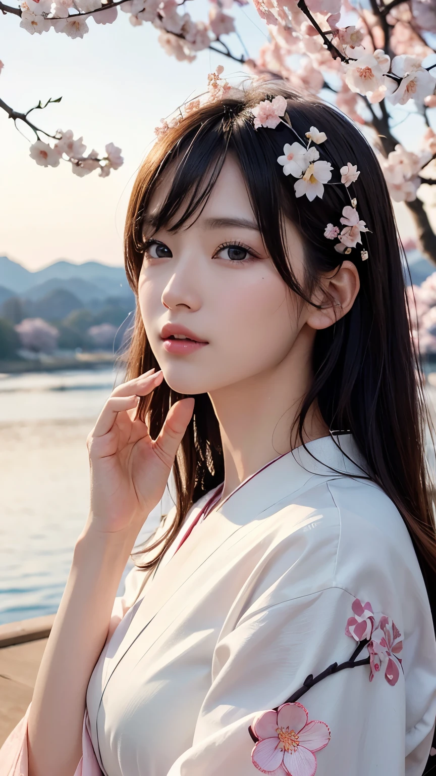 (logo、masterpiece、8k、table top、RAW photo、wonderful、最high quality、Photorealistic and hvery detailed CG integrated 8k wallpaper、high quality、very detailed、narrative poem、particle effects、dynamic effects、Depth of the bounds written、cinematic light、Lens flare、ray tracing)、fantasy、 (1 beautiful woman、white kimono、Japan Dresses、white cherry blossom pattern、White cherry blossom embroidery pattern、black haired、beautiful face、real face、beautiful details eyes beautiful skin)、Hair flutters in Wind、hair bounces、pink cherry tree、petals dance、SakuraFubuki、Spectacular view、sunrise、sun on background、Wind、god々、tooth、god話、vast land