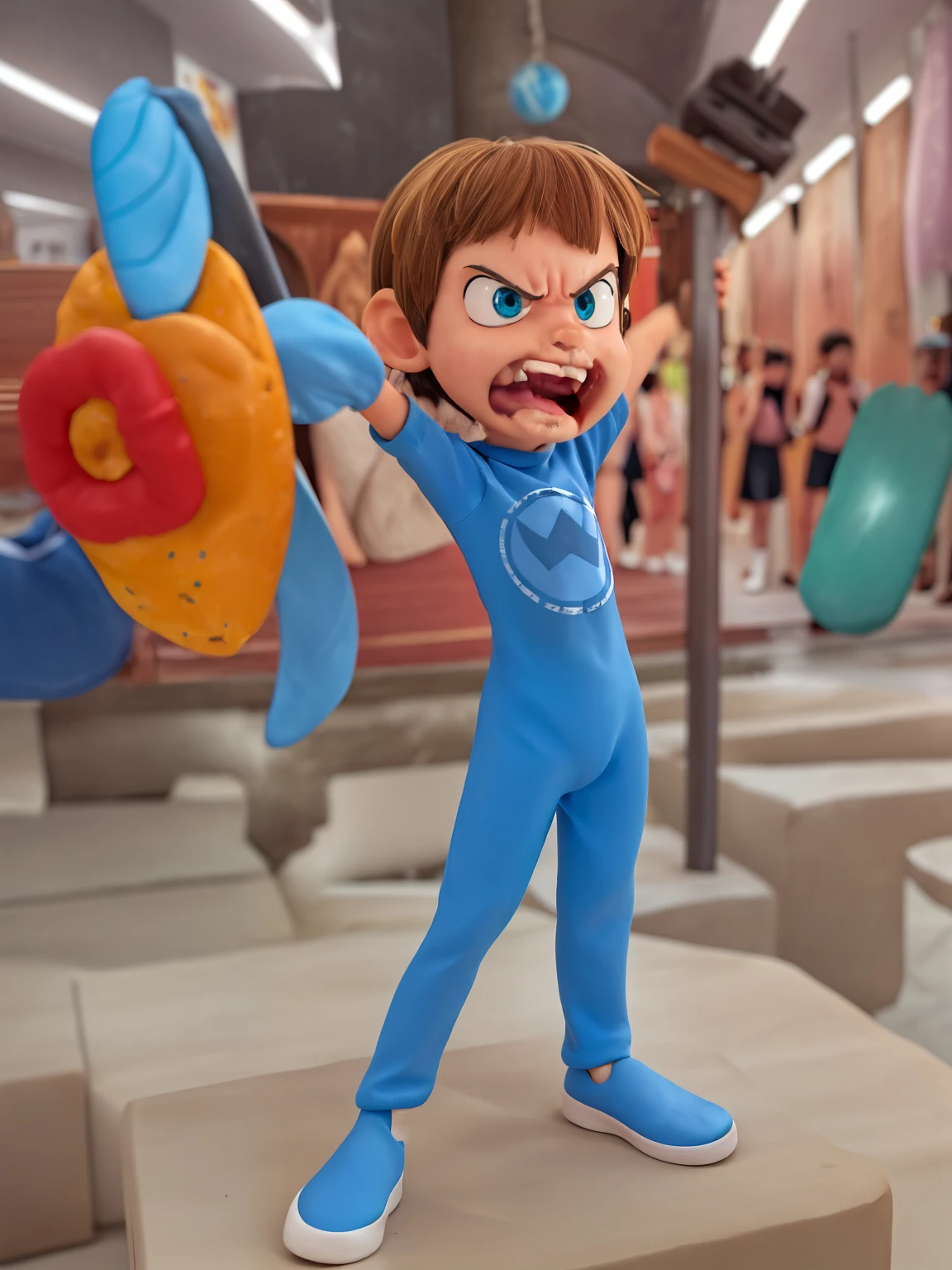 (((Comic Style, cartoon art))). TME0224 (((a angry ???, 4yo))), sideways, with arms crossed style , wearing a BLUE cat hero costume. Bad Boy Style . (((Abstract cosmic background))). highly detailed, (((detailed face))), realistic, cinematic lighting, studio quality, professional, detailed face, intricate, vivid colors.
