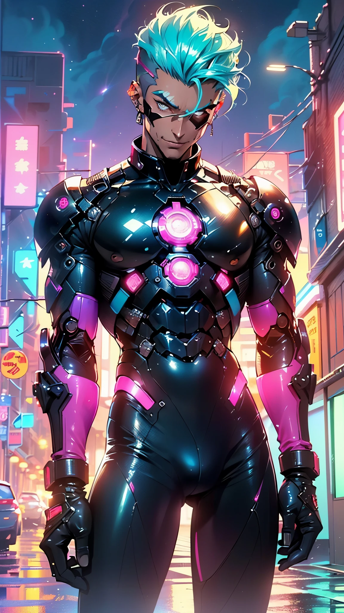 man:1.5,1 man,cyborg man,(1man),((one eyepatch, pirate man, cyborg, robotic arm, bald head)),
(((1male,handsome man,male,male gender:1.5,male focuacho man,
(((lustrous skin:1.5,tanned skin,bright skin: 1.5,skin tanned,shiny skin,very shiny skin,shiny body,illuminated skin))),man chest,((muscular)),(((detailed face))),
nsfw,
(((bare chest))),red pants,((bulge in pants)),((cyborg outfit)),((wet clothes,intricate outfit,intricate clothes)),
(dynamic pose:1.0),solo focus,((evil smile,evil look)),(centered,scale to fit dimensions,Rule of thirds),
cyberpunk city by the ocean at night, with bright neon signs and dark stormy clouds and puddles, scenery:1.25,nighttime, starry night, cosmos,Very dark night that makes the neon lights stand out, very bright neon lights,nighttime, starry night, cosmos,
artistic photography,(photography taken by sldr),highres, sharp focus, (ultra detailed, extremely detailed), (photorealistic artwork:1.37),(extremely detailed CG unity 8k wallpaper),((synthwave background theme)),(((vibrant colors))),(intricate background),(masterpiece),(best quality)