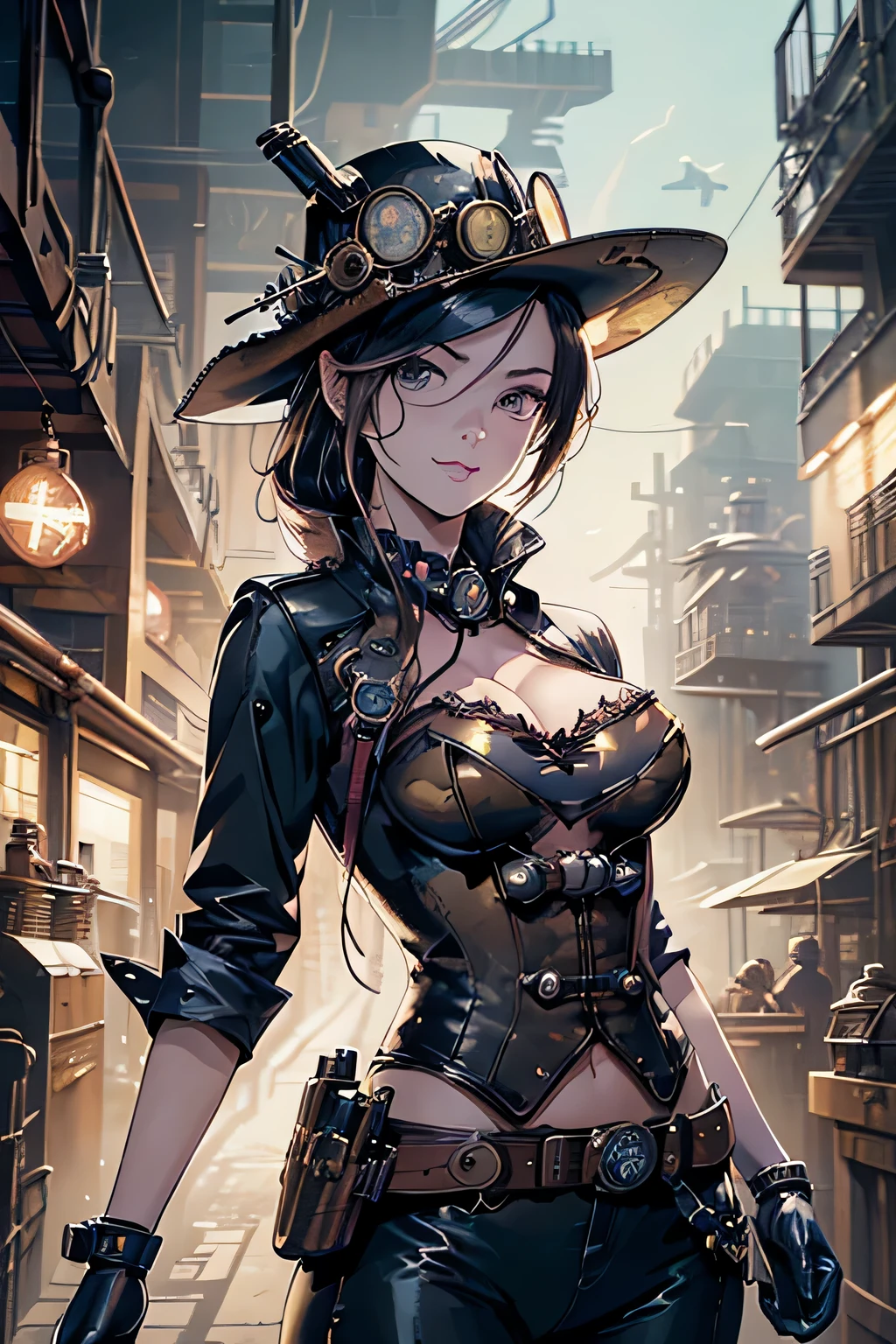 (comic book style),(line drawing_anime),(cowboy shot, highest quality, ),(Laura Budd Photo:1.2),(Laura Add Details:1.0),8k, flat color:0.8,1 girl,smile、(Highly decorative and complex mechanical steampunk fashion, lace flare dolphin hat、goggles 1.5、machinery background、Gear background、complex mechanized steampunk factory、1.5),