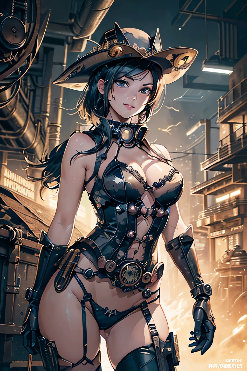 (comic book style),(line drawing_anime),(cowboy shot, highest quality, ),(Laura Budd Photo:1.2),(Laura Add Details:1.0),8k, flat color:0.8,1 girl,smile、(Highly decorative and complex mechanical steampunk fashion, lace flare dolphin hat、goggles 1.5、machinery background、Gear background、complex mechanized steampunk factory、1.5),