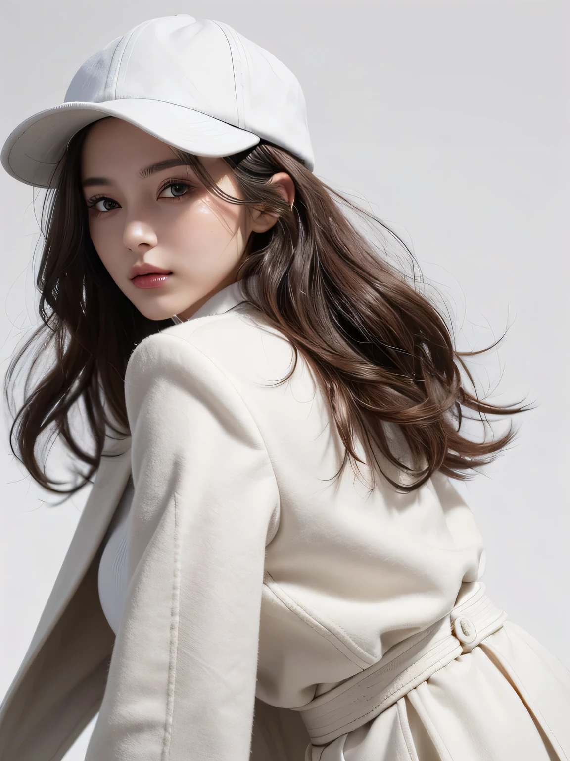 (highest quality, High resolution, masterpiece :1.3), beautiful adult woman, Long contour, ((pure white background)), (Plaid coat, shirt, wide pants, have), (loose wavy bob hair), ((Accurately express details such as faces and skin textures)), take a pose,