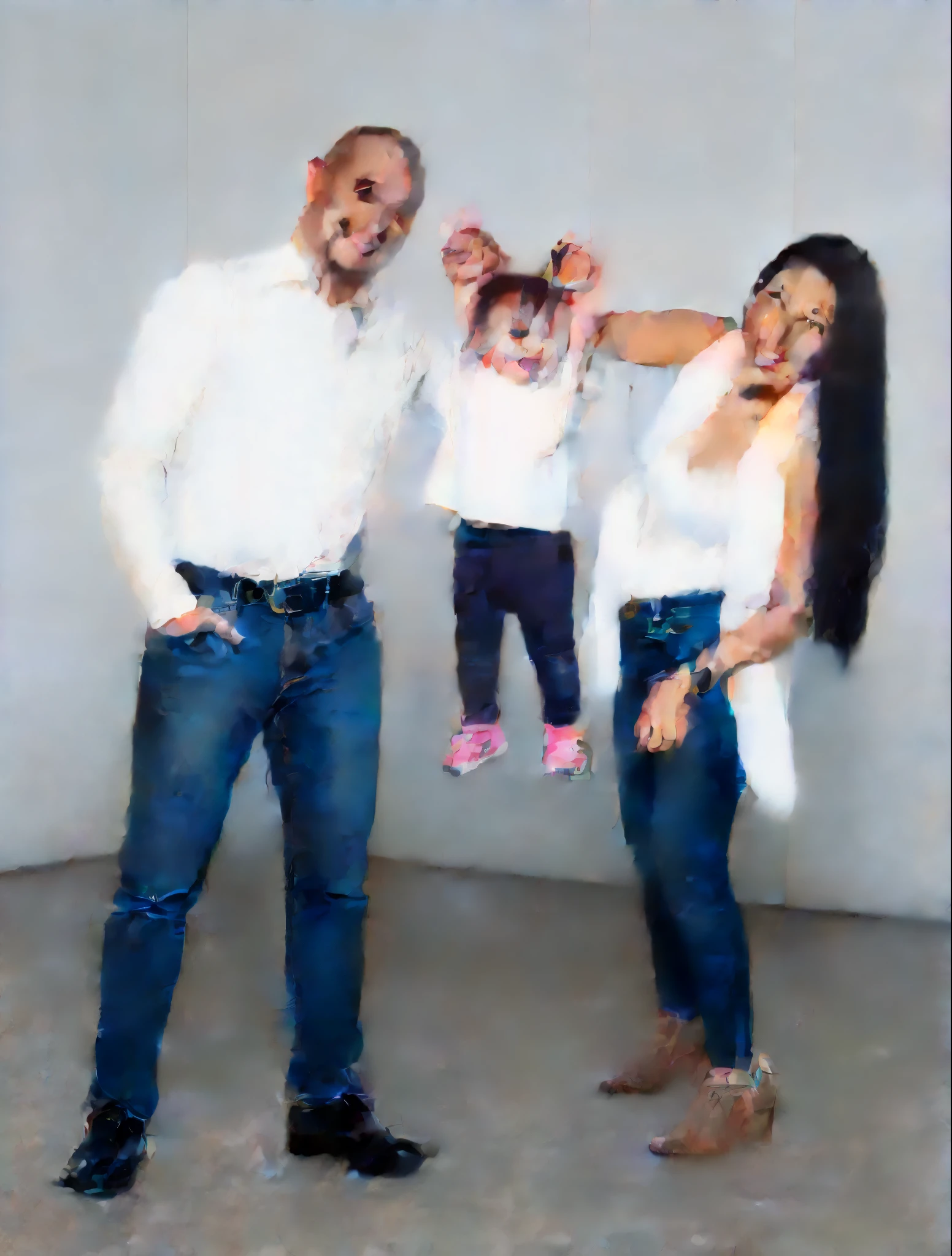 Sin realizar modificaciones en las caras, The clothes must be Minnie Mouse themed., the man in a pink shirt and black pants, the middle girl of the same size with a Minnie mouse dress, la mujer de la derecha con un vestido rosa de Minnie mouse.