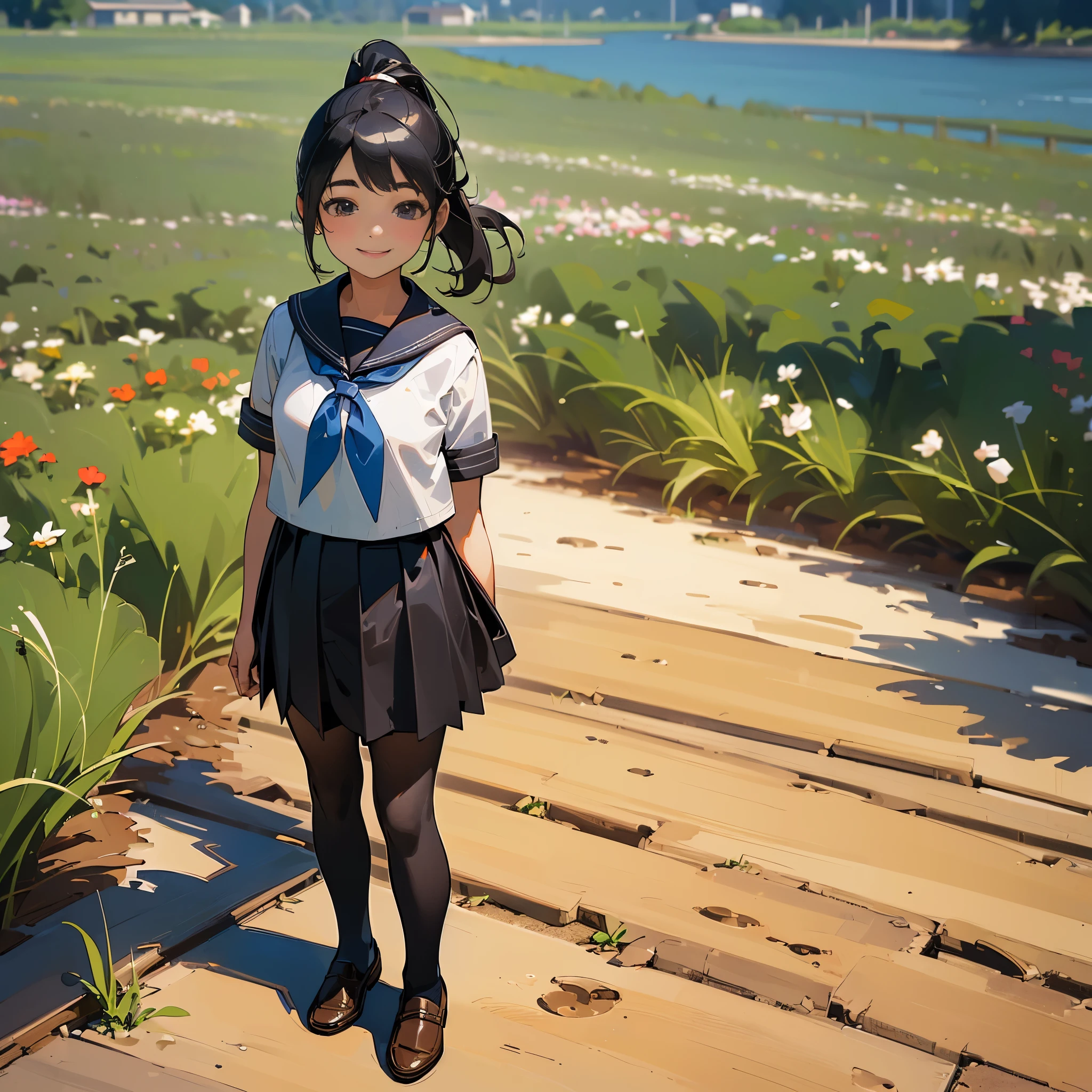 (highest quality,High resolution,super detailed,realistic:1.37),peaceful atmosphere,(outdoors,garden),teenage girl standing alone,beautiful detailed features,cute smile,(black hair ponytail),navy sailor suit,pleated skirt,black tights,brown leather shoes.