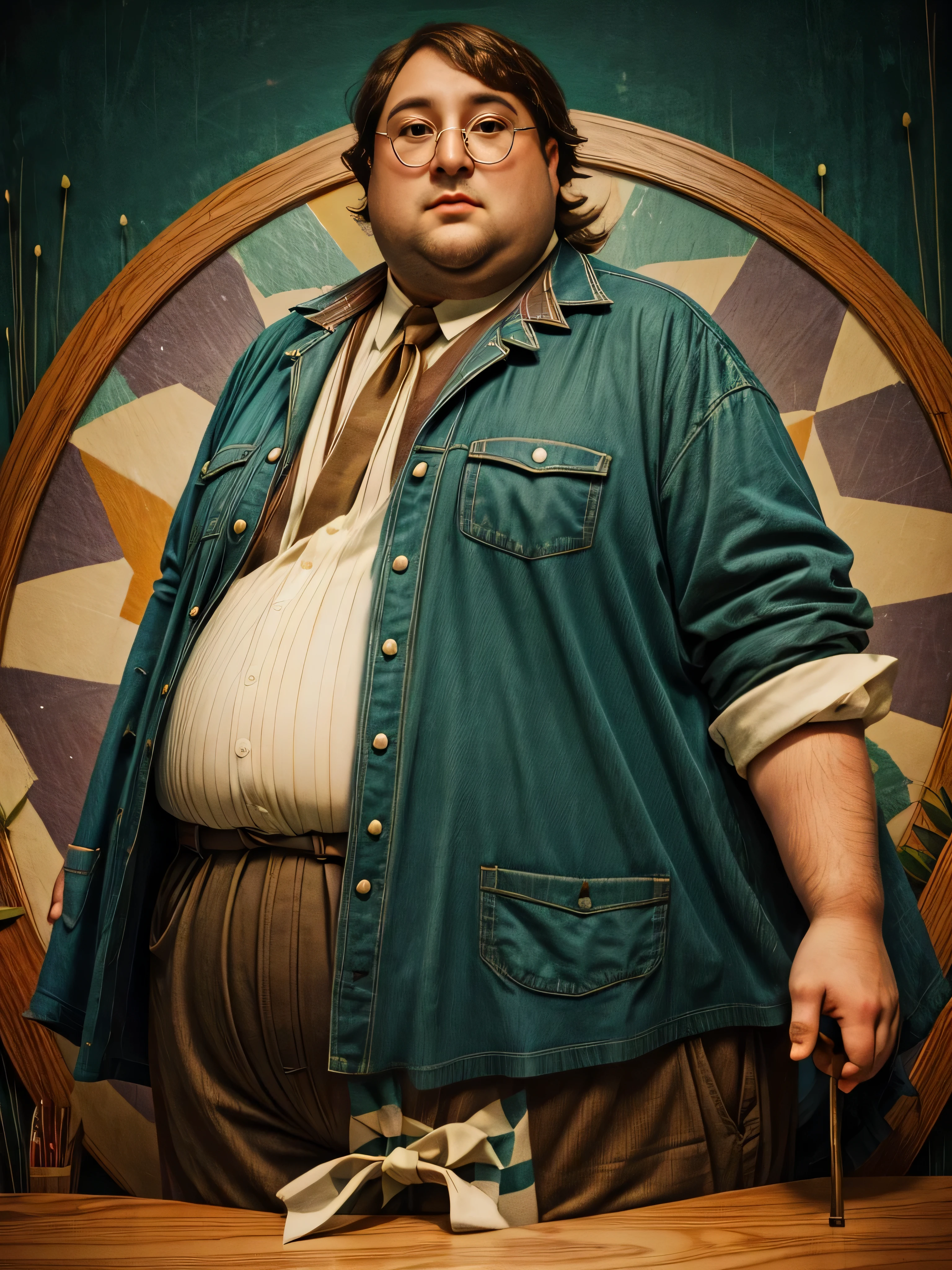 1930, massachusetts mountain village. Pre-raphaelite ((((30-year-old)) extremely fat, 800 pounds heavy John Lennon ((((casual Clothing from the 1930s)))) ((Hairstyle of the 1930s)), ((Wes Anderson cinematic style)), colorful. 