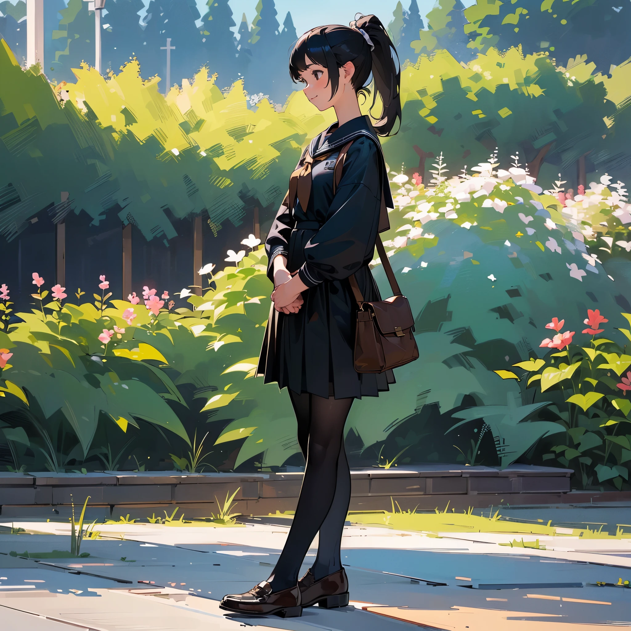 (highest quality,High resolution,super detailed,realistic:1.37),peaceful atmosphere,(outdoors,garden),teenage girl standing alone,beautiful detailed features,cute smile,(black hair ponytail),navy sailor suit,pleated skirt,black tights,brown leather shoes.