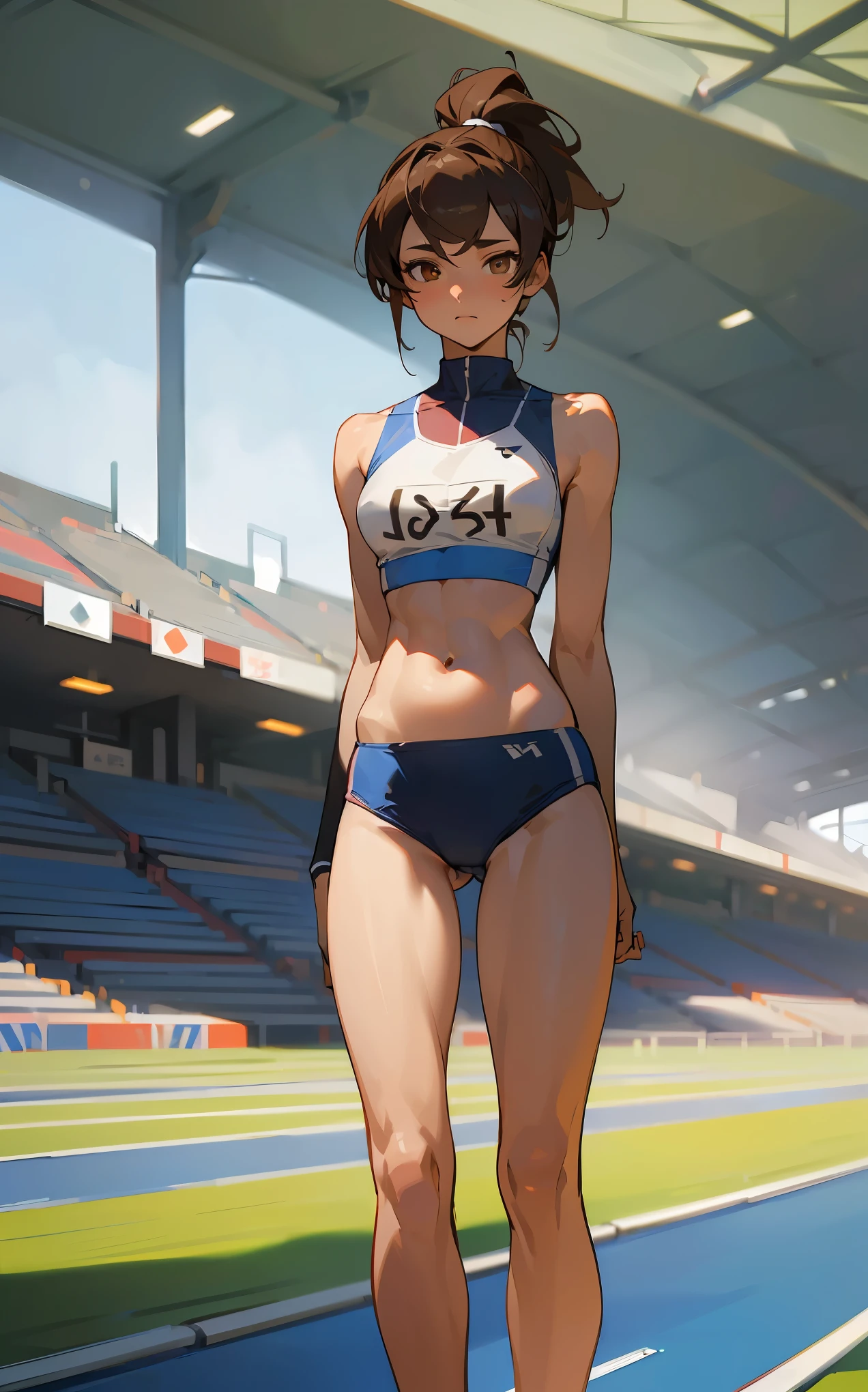 ((Masterpiece)), ((Best Quality)),Ultra High Resolution, Caustics, Detailed, Beautiful Detailed Eyes, solo, (athletics stadium, track and field athlete),20 year old beauty、( separate, bloomers ,show off belly),slender body, ideal ratio body proportions,medium breasts,brown eyes, ponytail、brown hair,shy look、standing,