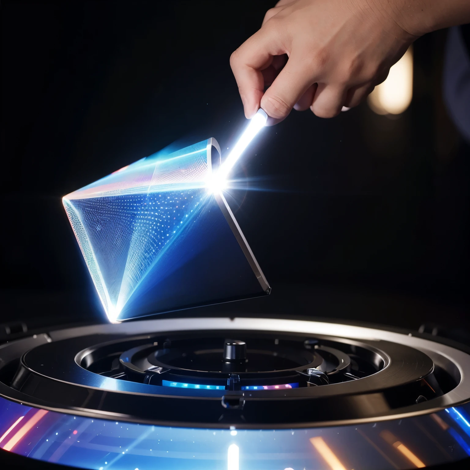 small portable cylinder desig projector that emits hologram on its top and front. 