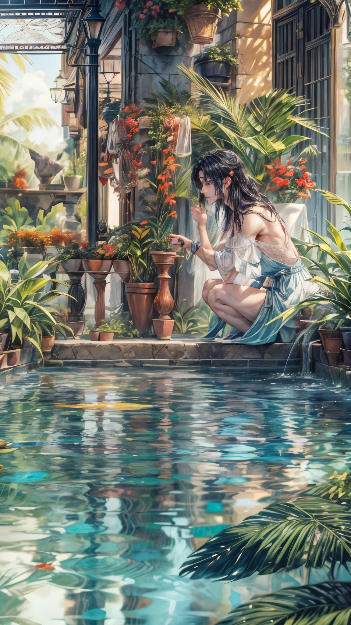 (absurdres, highres, ultra detailed, HDR), masterpiece, intricate, best quality, close-up portrait of a handsome anime character, captivating scene , boy enjoying a luxurious poolside. Incorporate elements of nature, architecture, and the character's unique charm to create a visually stunning and immersive environment.