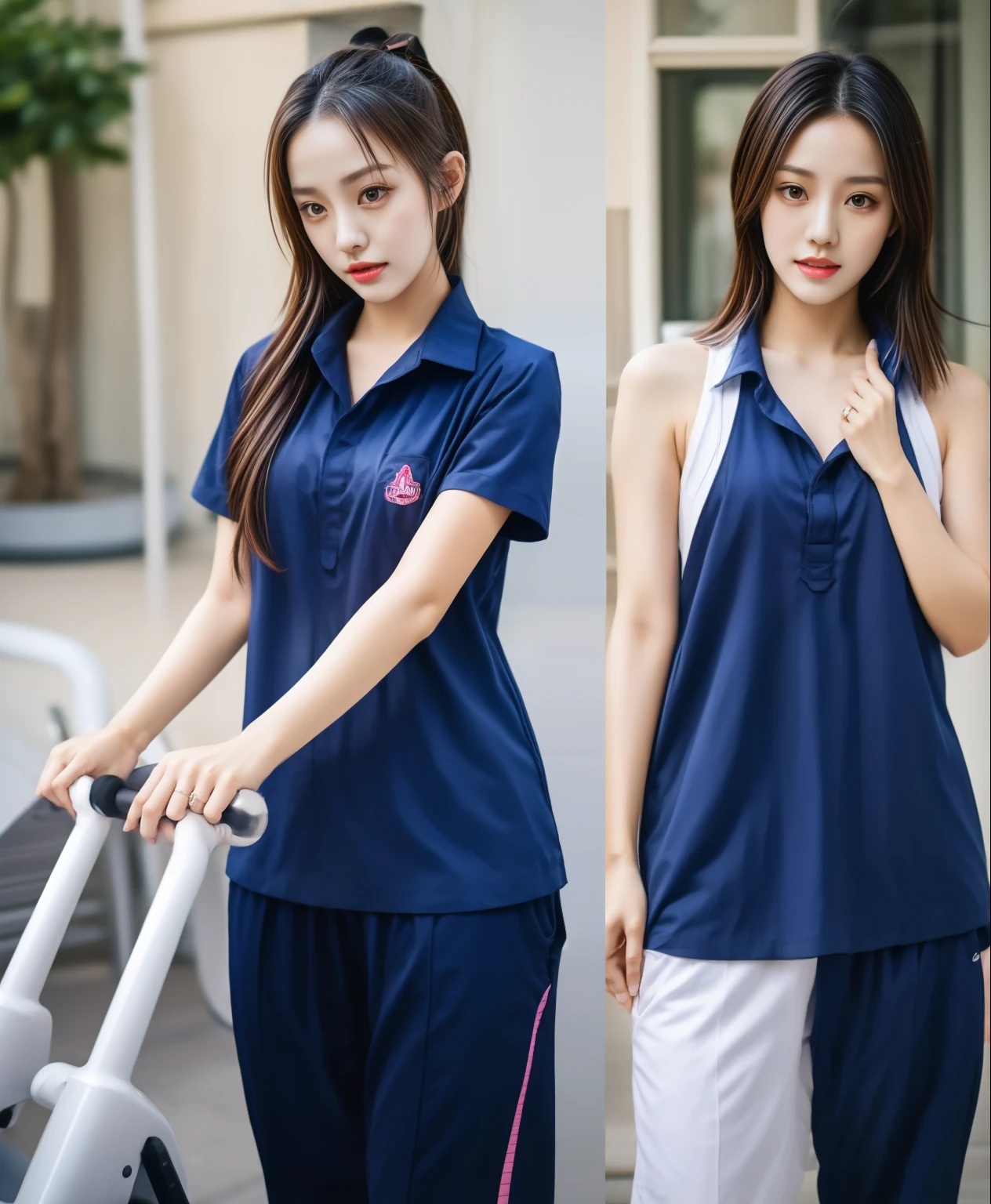 3 girls in fitness center, Navy blue short-sleeved shirt,Navy Long Trackpant,Sweatpants, Long sweatpants,25 year old girl, lesbian, sexy, exercise clothes, wet body, exercise clothes