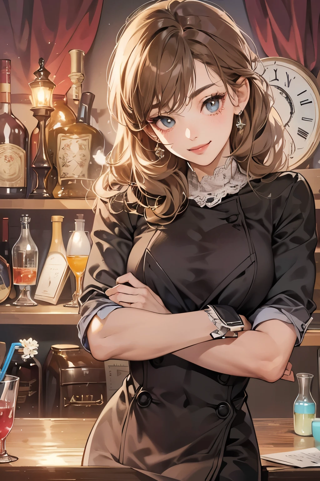 (table top, digital art, digital illustration, 4k, 8k, super detailed, beautiful images, clear image, realistic, RAW photo, perfect face, perfect lines, perfect eyes, soft lighting) 1 female, (light brown hair,chignon hair,innocent look,Lowered eyebrows,With a round face,round chin、droopy eyes、innocence,cute,Big eyes,natural makeup,smile gently,E cup,23 years old:1.3),Two handsome men in suits, (human,man wearing a suit,muscular,solid shoulder width,adult male,boyish hairstyle,A man in his 30s with a cool expression,28 year old man with a bright smile:1.2),Drink at home、drink alcohol at home、Shot Glass、tequila、kiss、カップルkiss、romance porn、drinking