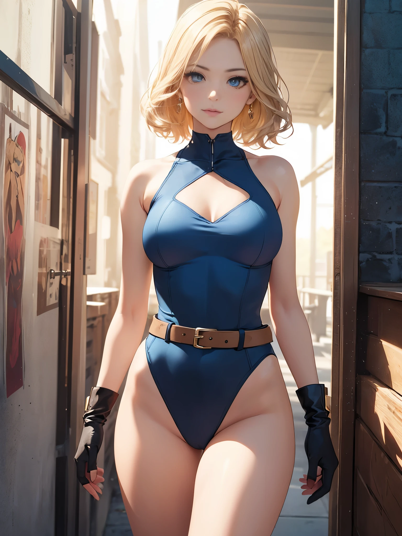 1girl, medium breasts, ((leotard, highleg leotard, light blue leotard)), (lighting bolt emblem on chest), bare legs, (tight belt), boots, matching boots, gloves, solo, single, standing, full body shot, cowboy shot, superhero, beautiful detailed eyes, power, ((blonde hair, short hair, wavy hair)), high school backdrop, outdoors, mature lady, teacher, perfect body, good proportions