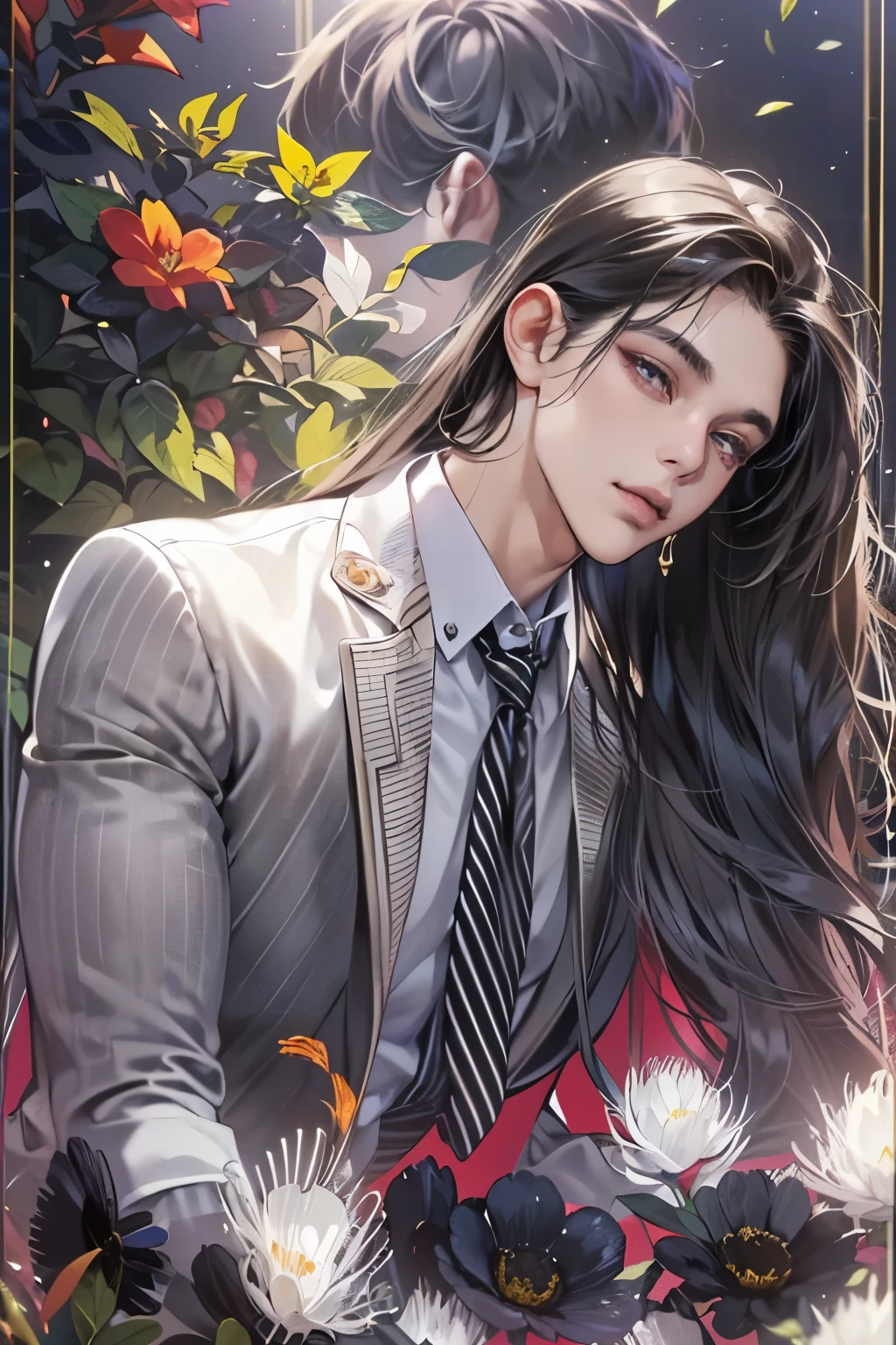 (table top, digital art, digital illustration, 4k, 8k, Super detailed, beautiful images, clear image, realistic, RAW photo, perfect face, perfect lines, perfect eyes, soft lighting) ,1 female, (long black hair,straight hair,bullish look,Beautiful woman,grace,Make up well,23 year old female,small breasts:1.3),Two handsome men in suits, (human,muscular,solid shoulder width, human,boyish hairstyle,English gentleman&#39;Style,A man in his 30s with a cool expression,28-year-old man with bright 笑顔:1.2),Smile showing your white teeth(embarrassing,shy smile:1.1),garden full of light、resort sofa、colorful flowers、