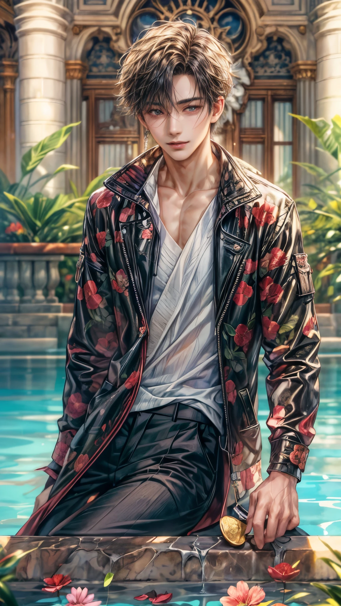 (absurdres, highres, ultra detailed, HDR), masterpiece, intricate, best quality, close-up portrait of a handsome anime character, short hair, original hair, captivating scene , boy enjoying a luxurious poolside. happy face, topless, Incorporate elements of nature, architecture, and the character's unique charm to create a visually stunning and immersive environment.