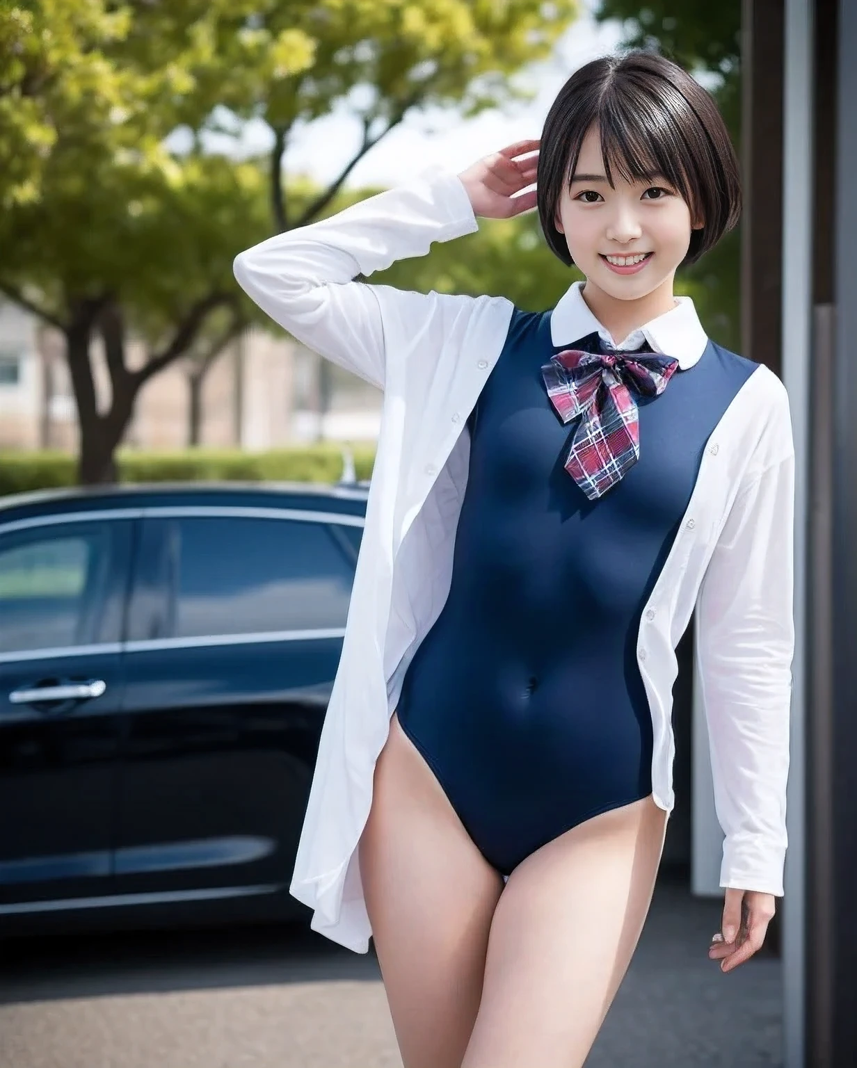 ((highest quality)), ((masterpiece)), (get used to it), perfect face, 8k, ultra high resolution, Depth of written boundary, (Photoreal:1.4), golden ratio, 高精細CG Unity 8K, detailed and complex, RAW photo, (perfect body shape), Sigma 85mmF/1.4, 50mm Lenac lighting, nffsw, hyper real, color grade, (((very beautiful  girl))), very cute, poor, japanese woman, ((Gravure photoshoot wearing a long-sleeved leotard and plaid bow tie)), beautiful young woman, ((thin)), charm, greedy look, shy smile, ((short hair)), wonderfully cute little face, glossy lips, long eyelashes, (Fabric wet with cloudy liquid), ultra-thin fabric, navy blue school swimsuit, translucent competitive swimsuit, beautiful thighs, sensitive and excited nipples,realistic crotch, (clear cracks: 1.2), Inside the car