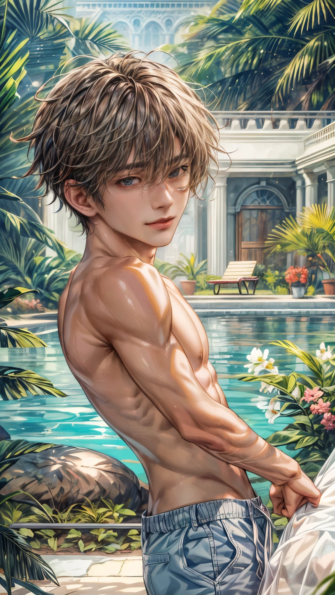 (absurdres, highres, ultra detailed, HDR), masterpiece, intricate, best quality, close-up portrait of a handsome anime character, short hair, original hair, captivating scene , boy enjoying a luxurious poolside. happy face, topless, Incorporate elements of nature, architecture, and the character's unique charm to create a visually stunning and immersive environment.