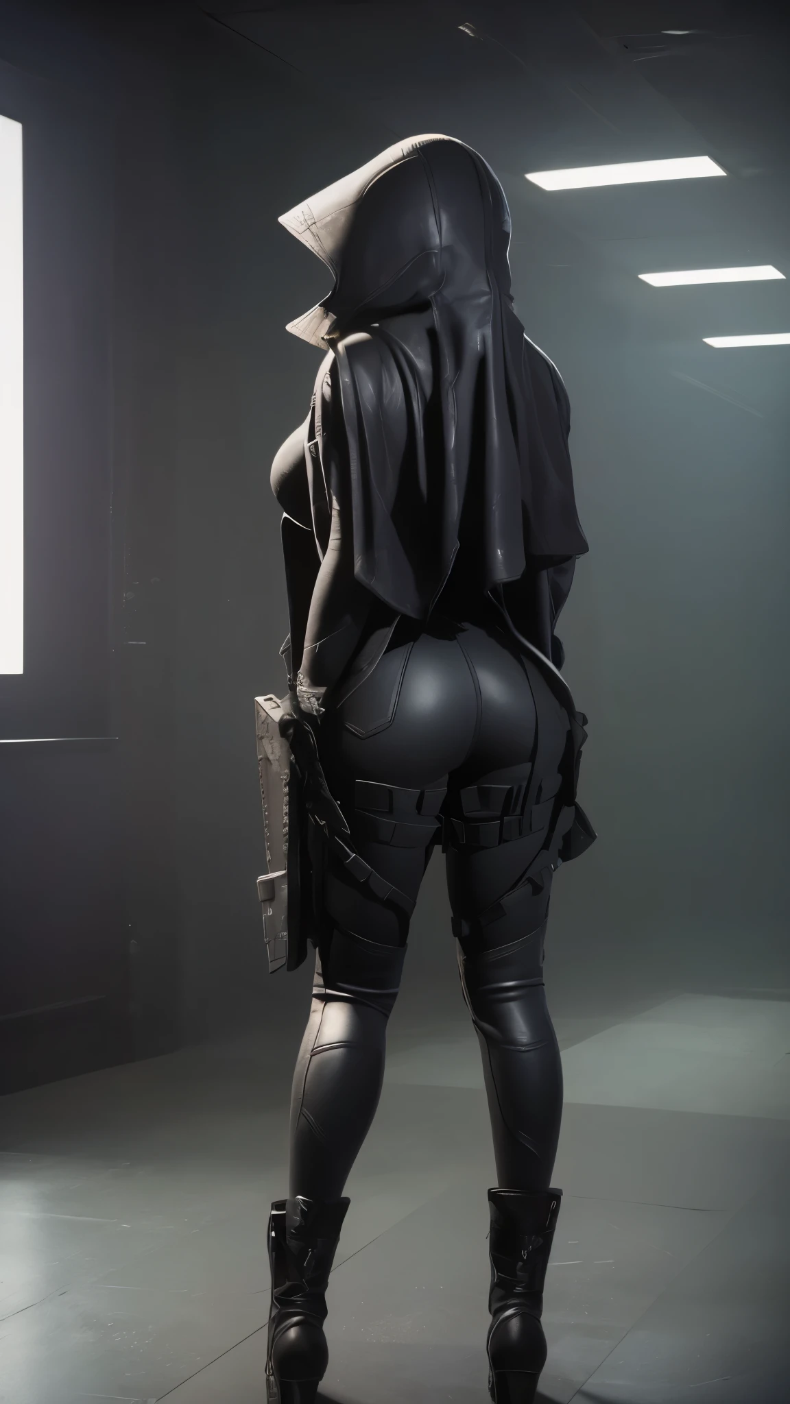 (full body, 1 girl, highly detailed, anatomy correct:1.4), black gloves, hood on, tactical gear, Sharp focus, black boots, (athletic body:1.3), black jeans, taken from the back, ((Best quality)), ((masterpiece)), Depth-of-field, Multi-layered textures, HDR (High Dynamic Range), Ray Tracing, NVIDIA RTX, Unreal 5, Subsurface tering, PBR Texturing, Post-processing, Anisotropic Filtering, Maximum clarity and sharpness, Wide aperture, Low ISO, White balance, Rule of thirds, 8K RAW, (extremely slutty), (Highly realistic skin), sharp image,(ultra detailed), (extremely detailed), (extremely high quality artwork), (she is in open space with natural light)