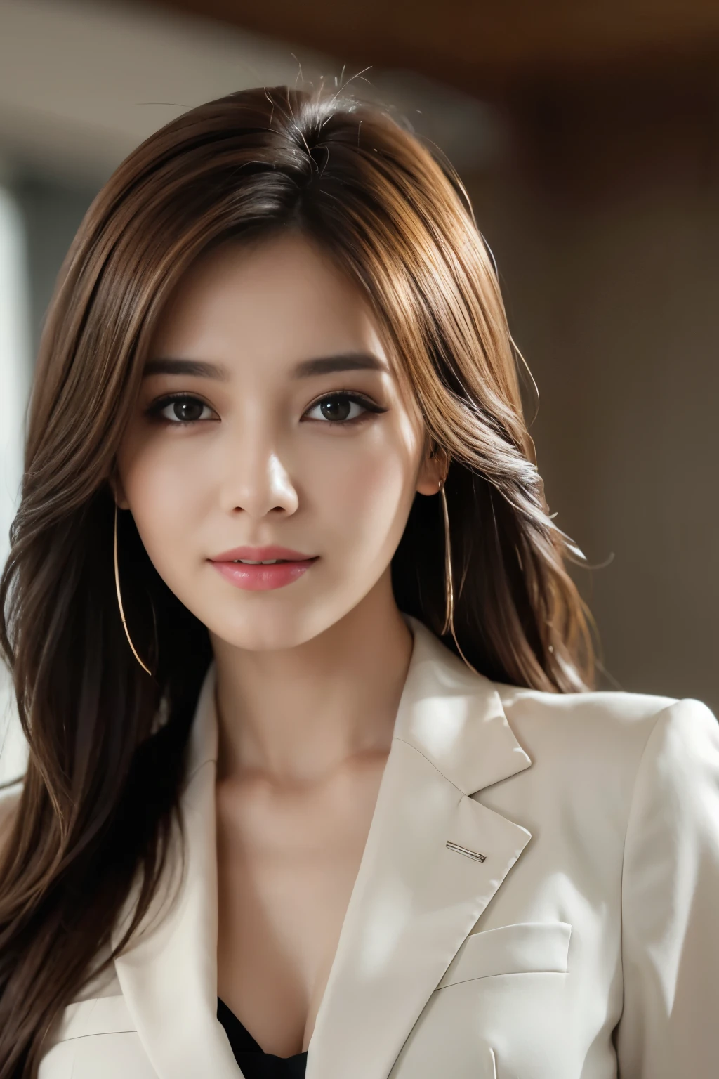 table top, highest quality, realistic, Super detailed, finely, High resolution, 8k wallpaper, 1 beautiful woman,, light brown messy hair, wearing a business suit, sharp focus, perfect dynamic composition, beautiful and detailed eyes, thin hair, Detailed realistic skin texture, smile, close-up portrait, model body shape