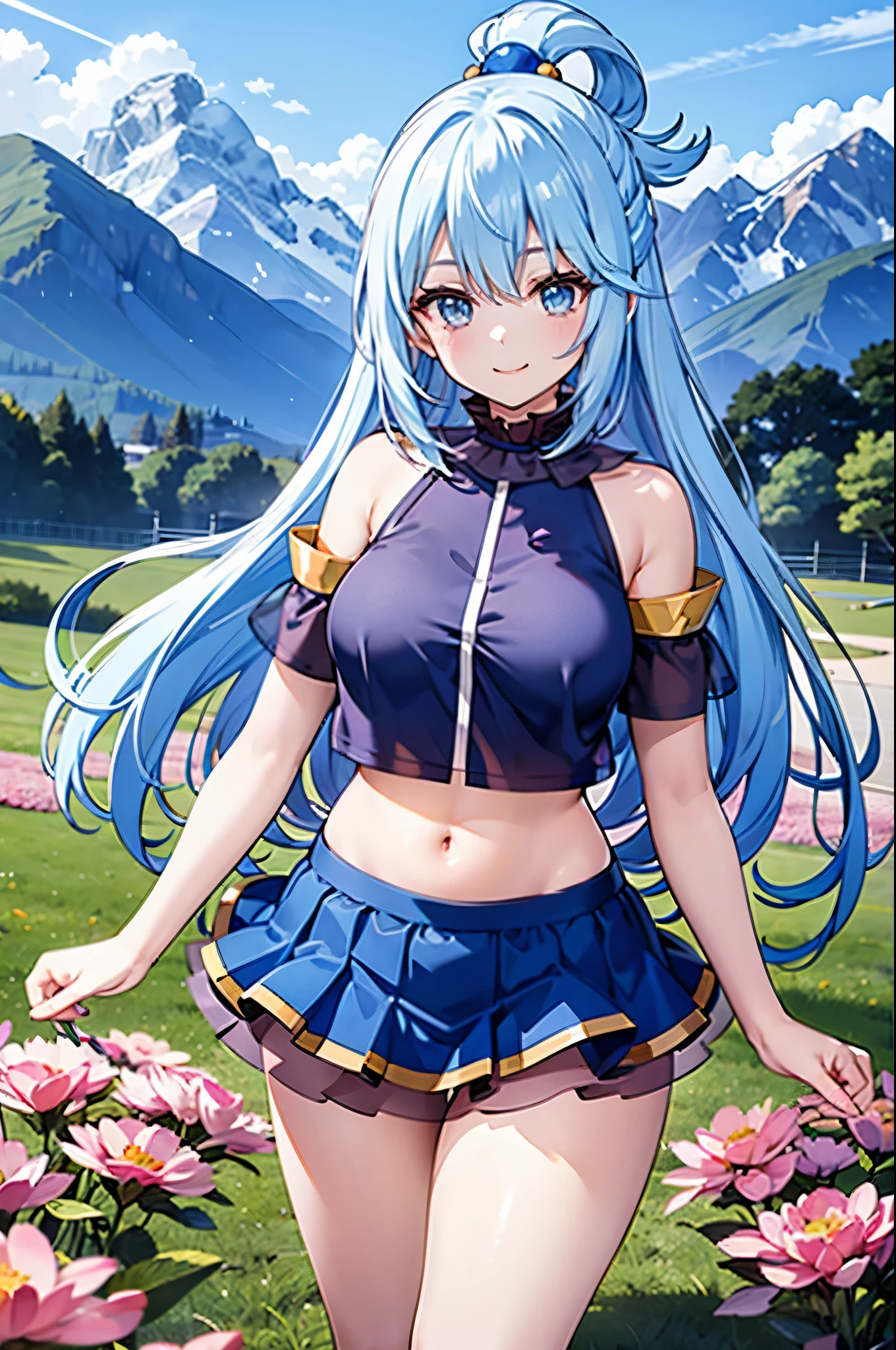 ealistic image, coherent image, detailed image, 1 beautiful girl. She has light blue hair, long hair. Her eyes are light blue, long eyelashes. Her face is oval and delicate, smiling. She is wearing a short-sleeved off-the-shoulder t-shirt, showing her navel, transparent pleated mini skirt, sneakers, she has a curvy body, medium breasts, thick thighs, background of mountains, surrounded by a field of flowers, natural lighting, volumetric lighting