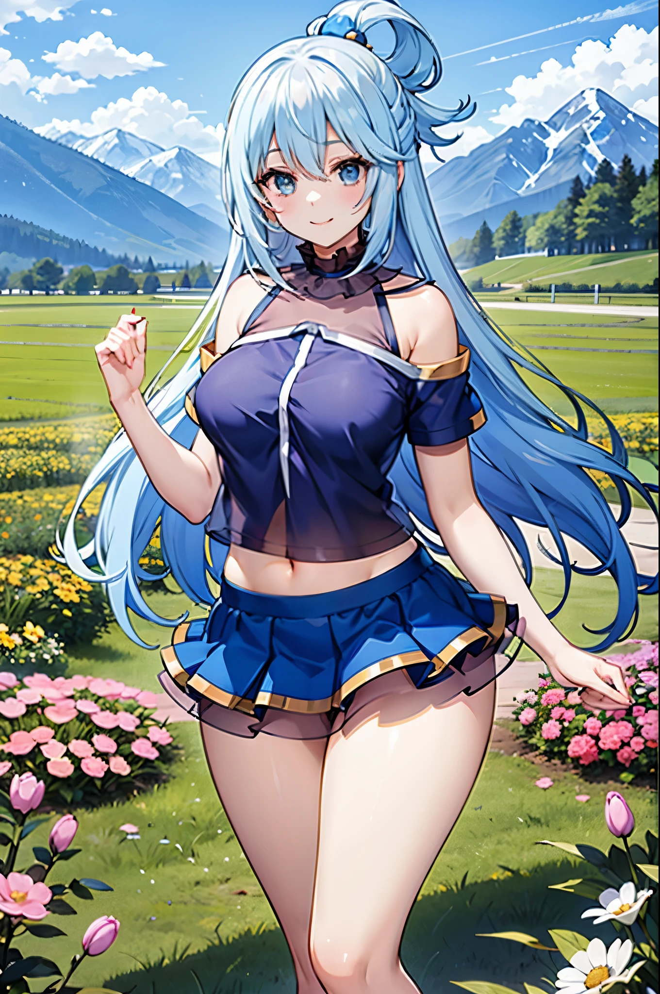 ealistic image, coherent image, detailed image, 1 beautiful girl. She has light blue hair, long hair. Her eyes are light blue, long eyelashes. Her face is oval and delicate, smiling. She is wearing a short-sleeved off-the-shoulder t-shirt, showing her navel, transparent pleated mini skirt, sneakers, she has a curvy body, medium breasts, thick thighs, background of mountains, surrounded by a field of flowers, natural lighting, volumetric lighting