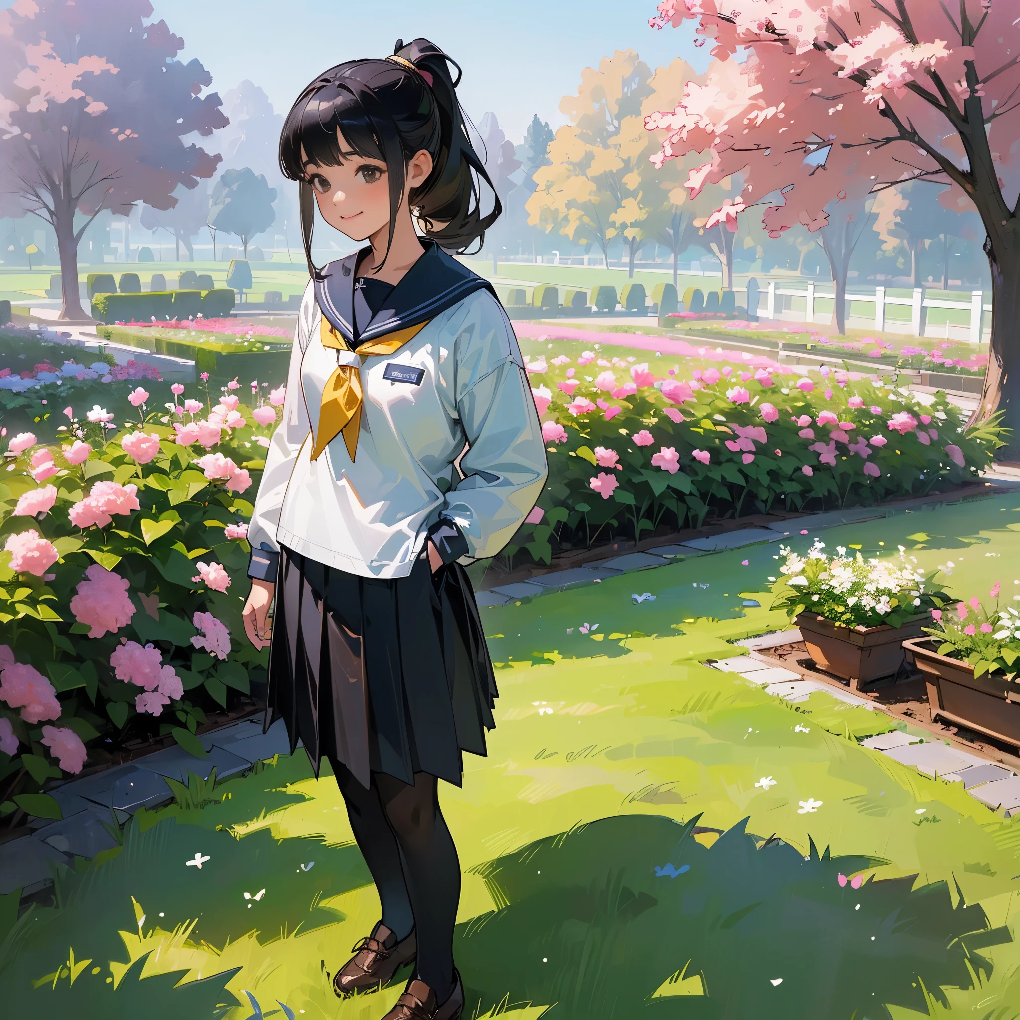 (highest quality,High resolution,super detailed,realistic:1.37),peaceful atmosphere,(outdoors,garden),teenage girl standing alone,beautiful detailed features,cute smile,(black hair ponytail),navy sailor suit,pleated skirt,black tights,brown leather shoes.