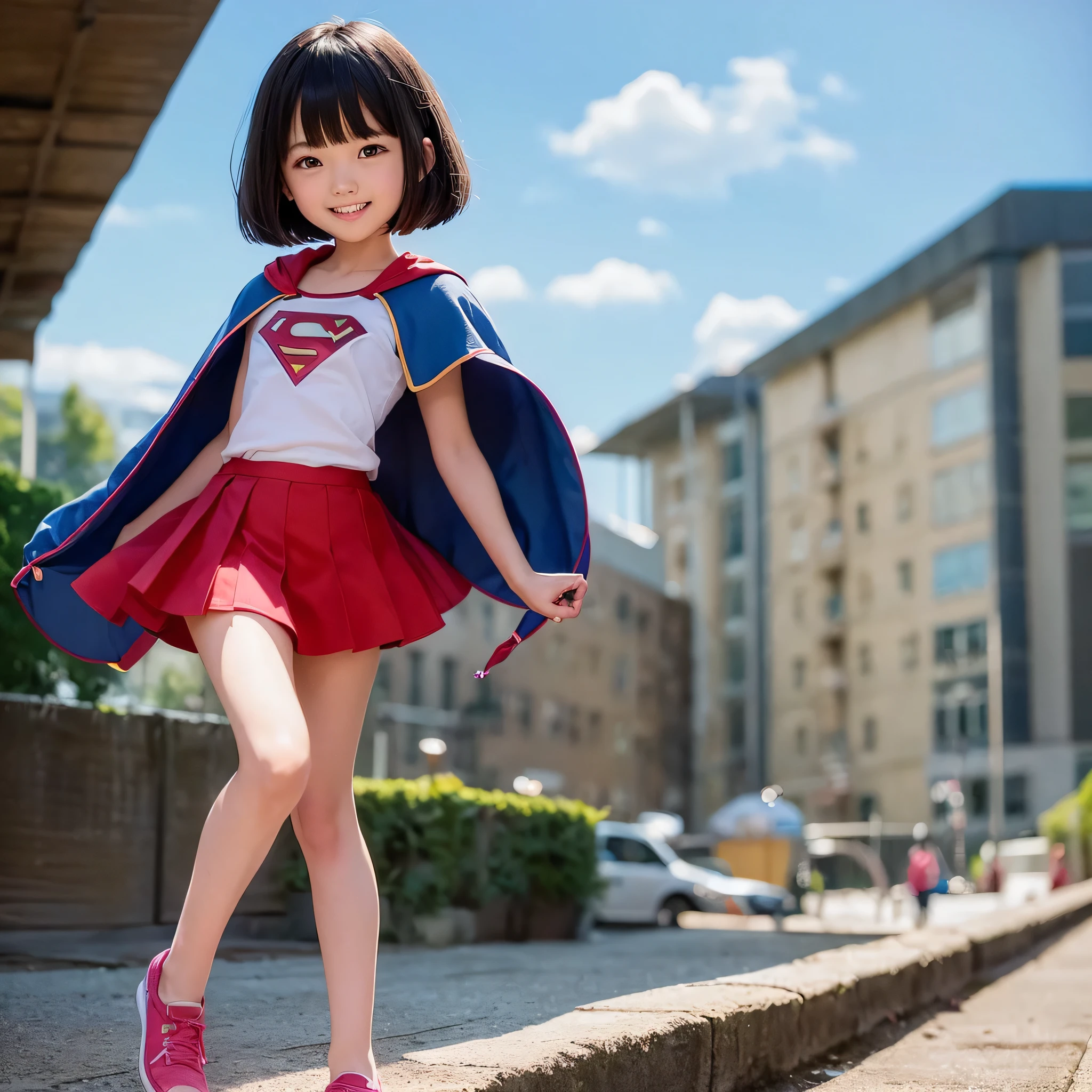 Easter piece where elementary school students wear Supergirl clothes、highest quality、Spreading black hair、bob cut with trimmed ends、(flat chest)、lolicon、red cloak、short sleeve、pink heart shaped particles、Rooftop background with pool、whole body、smile、High leg、thin crotch