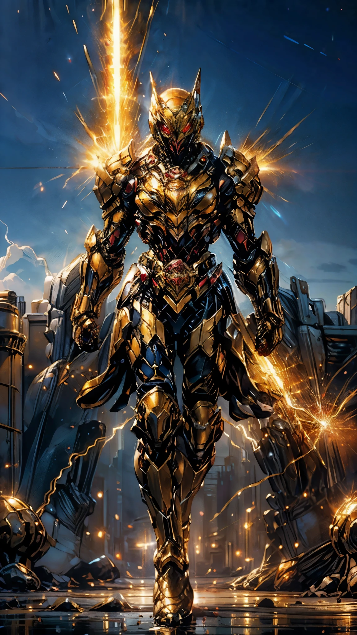 A woman adorned in fantasy-style full-body armor, a crown-concept fully enclosed helmet that unveils only her eyes, a composite layered chest plate, fully encompassing shoulder and hand guards, a lightweight waist armor, form-fitting shin guards, the overall design is heavy-duty yet flexible, ((the armor gleams with a golden glow, complemented by red and blue accents)), exhibiting a noble aura, she floats above a fantasy-surreal high-tech city, this character embodies a finely crafted fantasy-surreal style armored hero in anime style, exquisite and mature manga art style, (Queen bee mixed with Spider concept Armor, plasma, blood), ((Element, energy, elegant, goddess, femminine:1.5)), metallic, high definition, best quality, highres, ultra-detailed, ultra-fine painting, extremely delicate, professional, anatomically correct, symmetrical face, extremely detailed eyes and face, high quality eyes, creativity, RAW photo, UHD, 32k, Natural light, cinematic lighting, masterpiece-anatomy-perfect, masterpiece:1.5