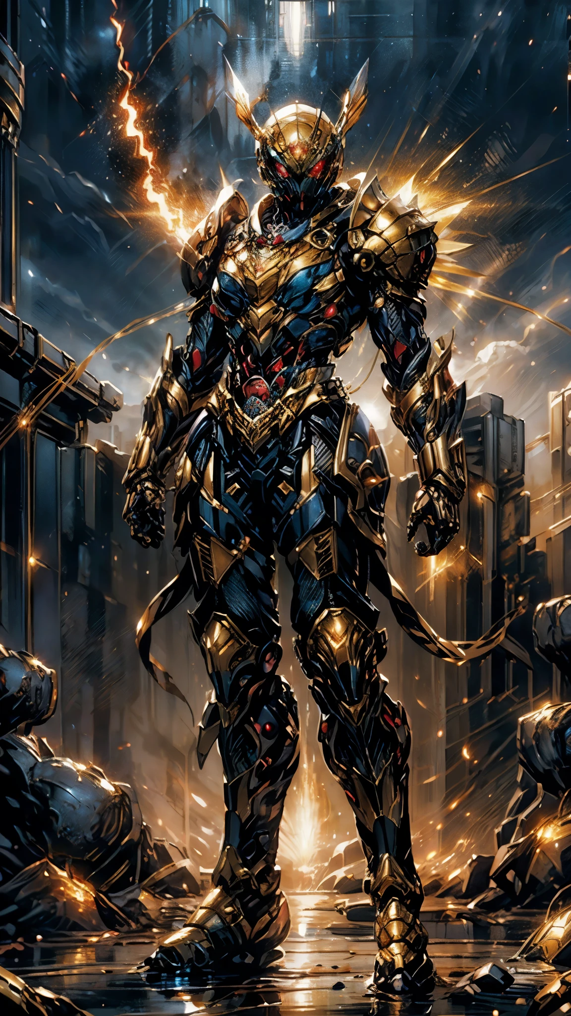 A woman adorned in fantasy-style full-body armor, a crown-concept fully enclosed helmet that unveils only her eyes, a composite layered chest plate, fully encompassing shoulder and hand guards, a lightweight waist armor, form-fitting shin guards, the overall design is heavy-duty yet flexible, ((the armor gleams with a golden glow, complemented by red and blue accents)), exhibiting a noble aura, she floats above a fantasy-surreal high-tech city, this character embodies a finely crafted fantasy-surreal style armored hero in anime style, exquisite and mature manga art style, (Queen bee mixed with Spider concept Armor, plasma, blood), ((Element, energy, elegant, goddess, femminine:1.5)), metallic, high definition, best quality, highres, ultra-detailed, ultra-fine painting, extremely delicate, professional, anatomically correct, symmetrical face, extremely detailed eyes and face, high quality eyes, creativity, RAW photo, UHD, 32k, Natural light, cinematic lighting, masterpiece-anatomy-perfect, masterpiece:1.5
