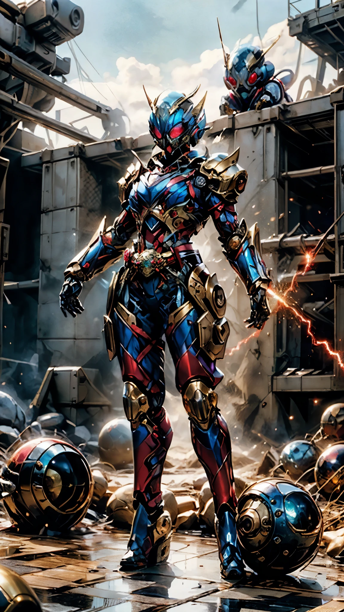 A woman adorned in fantasy-style full-body armor, a crown-concept fully enclosed helmet that unveils only her eyes, a composite layered chest plate, fully encompassing shoulder and hand guards, a lightweight waist armor, form-fitting shin guards, the overall design is heavy-duty yet flexible, ((the armor gleams with a golden glow, complemented by red and blue accents)), exhibiting a noble aura, she floats above a fantasy-surreal high-tech city, this character embodies a finely crafted fantasy-surreal style armored hero in anime style, exquisite and mature manga art style, (Queen bee mixed with Spider concept Armor, plasma, blood), ((Element, energy, elegant, goddess, femminine:1.5)), metallic, high definition, best quality, highres, ultra-detailed, ultra-fine painting, extremely delicate, professional, anatomically correct, symmetrical face, extremely detailed eyes and face, high quality eyes, creativity, RAW photo, UHD, 32k, Natural light, cinematic lighting, masterpiece-anatomy-perfect, masterpiece:1.5