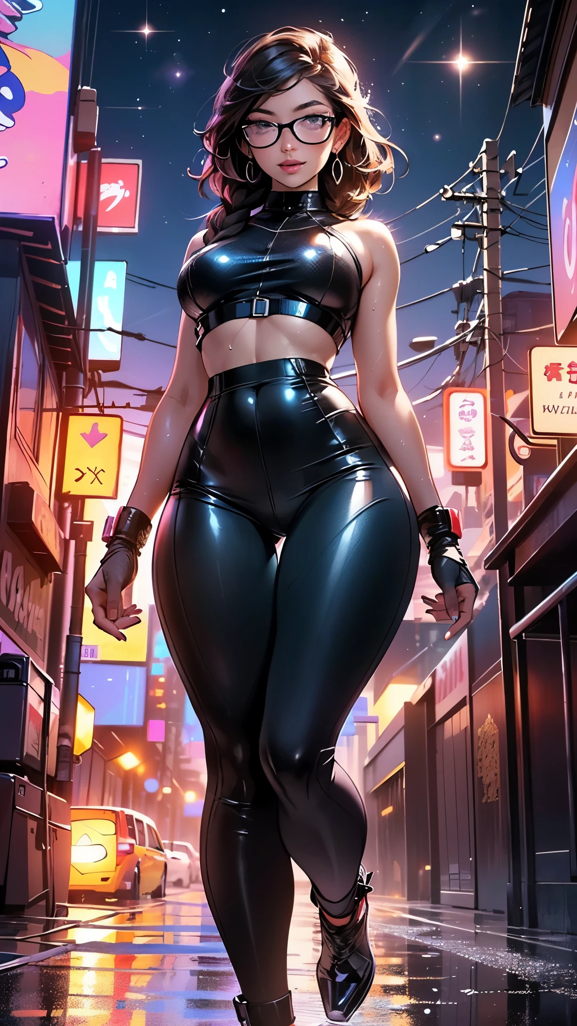 (8 k, best quality, masterpiece: 1.2), (realistic, photorealistic: 1.37), super detail, One girl, pretty, solo, (Tifa Lockhart: 1.3), ( years), (Perfect eyes), (smiling: 1.2), neon, cityscape, Depth of field, Dark strong shadows, sharp focus, Car, Depth of field, composition, Final Fantasy VII, dating, (Nose brush), single elbow pads, ankle boots, black hair, (short black skirt), BDSM: 1.4, red boots, elbow gloves, partially fingerless gloves, Tight shirt, sports bra, (Black leather skirt with suspenders), Qi-Hi, (((White mother: 1.3)), full body, headrest, lips, beauty face, long hair with a low tie,, (night time: 1.3), Complex, cinematic lighting, Photon mapping, radiosity, physically based rendering, (Tetsuya Nomura style),(huge breasts, Big tits, Thin waist),Big hit: 1.4,((sexy thong panties)),(small face),(Nasty body:1.4),standing posture, (big breasts, protruding:1.5) Flirting, (smiling: 1.2), (buttocks focus: 1.5), from below, (Slouching position), (protruding buttocks: 1.3), (behind: 1.5),