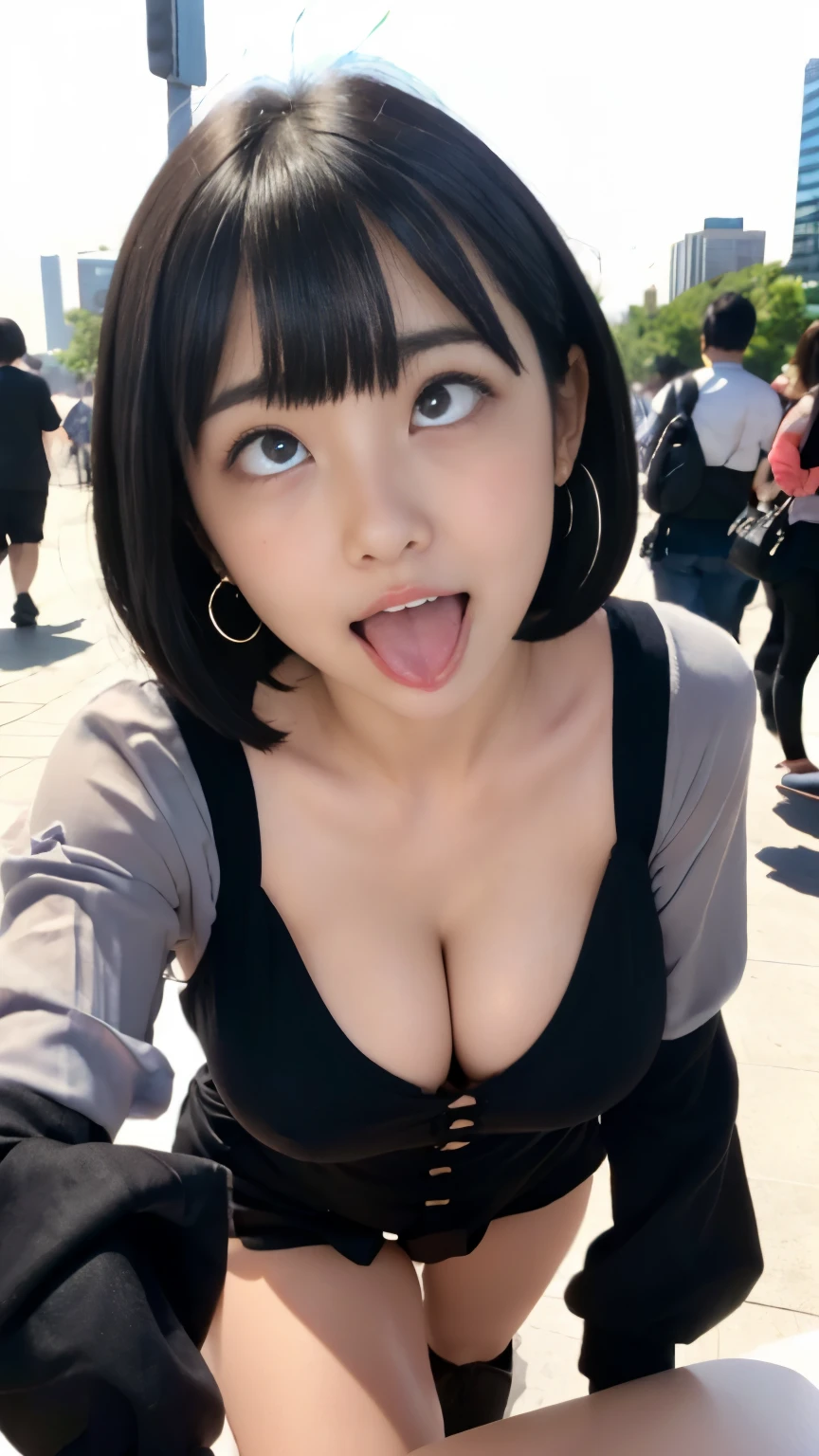 (Surrealism, RAW photo, Incredibly absurd, Nikon, 8k, super detail, masterpiece, intricate details), 
(anatomically correct, perfect human body, beautiful and cute face, silky skin, realistic skin), 
(************, Japanese girl, idle face, Haruka Fukuhara, slim waist and busty body, Slender legs, large breast, baby face), 
((round face, black hair, short bob cut, bangs, Down-slating eyebrows, Moist eyes, Shining eyes, one little earring, light blush)), 
(turn body forward), 
(Ahegao, cross-eyed, stick out tongue, smile), 
(long sleeve shirt, photo upper body)
(in the city, large crowd of people, Lined with luxury buildings), 