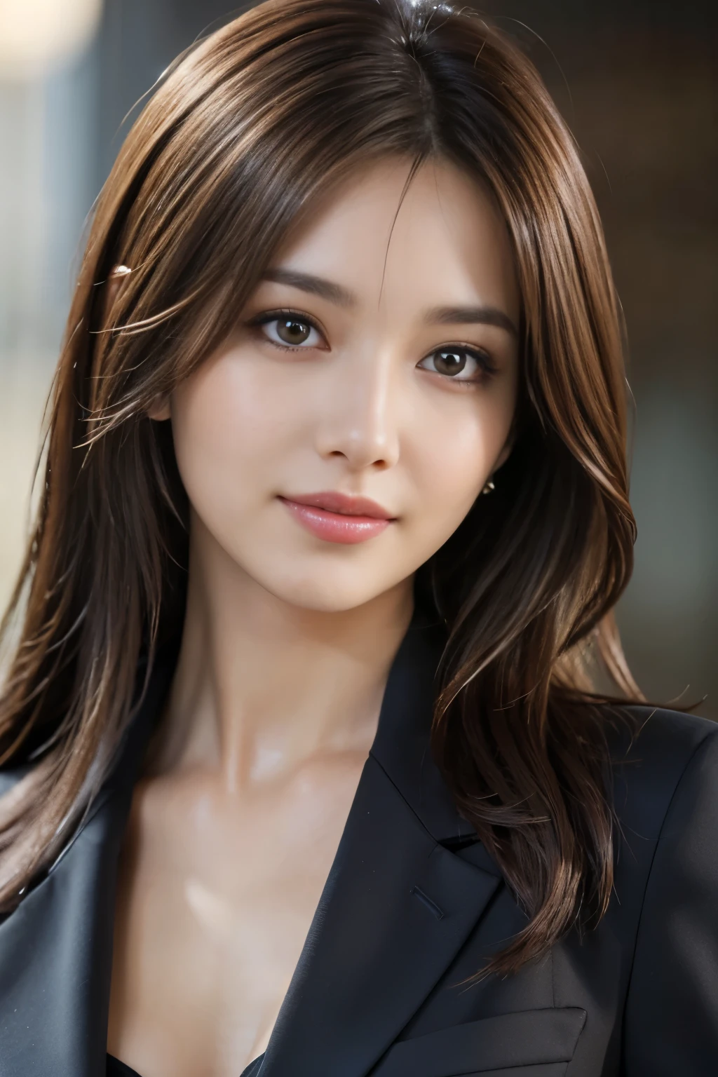 table top, highest quality, realistic, Super detailed, finely, High resolution, 8k wallpaper, 1 beautiful woman,, light brown messy hair, wearing a business suit, sharp focus, perfect dynamic composition, beautiful and detailed eyes, thin hair, Detailed realistic skin texture, smile, close-up portrait, model body shape