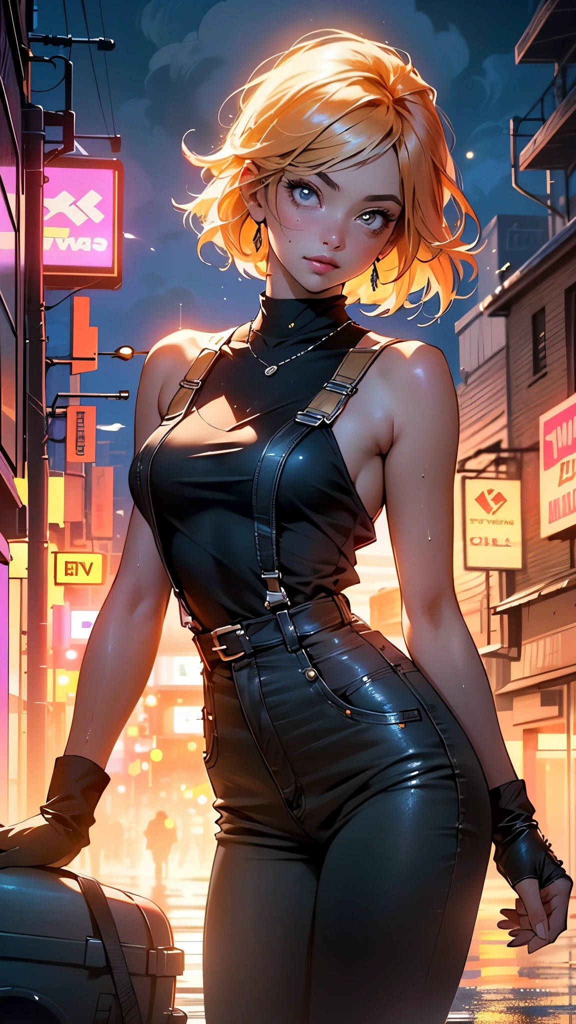 girl genie,(((1girl))),((girl with extremely cute and beautiful hair)),

(:1.4),(((orange hair:1.35,short hair))),(((eyes_orange:1.3))),intricate eyes,beautiful detailed eyes,symmetrical eyes,((fat)),((((lustrous skin:1.5,bright skin: 1.5,shiny skin,very shiny skin,shiny body,plastic glitter skin,exaggerated shiny skin,illuminated skin,wet legs))),(spider lower abdomen,narrow waist,wide hip,athletic body,inflated legs, thick thighs,detailed body,(detailed face)),

cute,slutty,seductive,erotic,(nsfw),

((woman mechanic wearing tattered worn-out stained military overalls)), ((his only clothing is overalls)), grunge, oily, sweaty, , ripped)),show skin,((wet clothes)),

(dynamic pose:1.0),((happy)),(centered,scale to fit dimensions,Rule of thirds),

cyberpunk city by the ocean at night, with bright neon signs and dark stormy clouds and puddles, scenery:1.25,nighttime, starry night, cosmos,Very dark night that makes the neon lights stand out, very bright neon lights,nighttime, starry night, cosmos,

artistic photography,(photography taken by sldr),highres, sharp focus,(ultra detailed, extremely detailed), (photorealistic artwork:1.37),(extremely detailed CG unity 8k wallpaper),((synthwave background theme)),(((vibrant colors))),intricate,(intricate background),(masterpiece),(best quality),perfect rendered face,perfect face details,realistic face,photo realistic,analog style,((intricate detail)),(((realism))),
