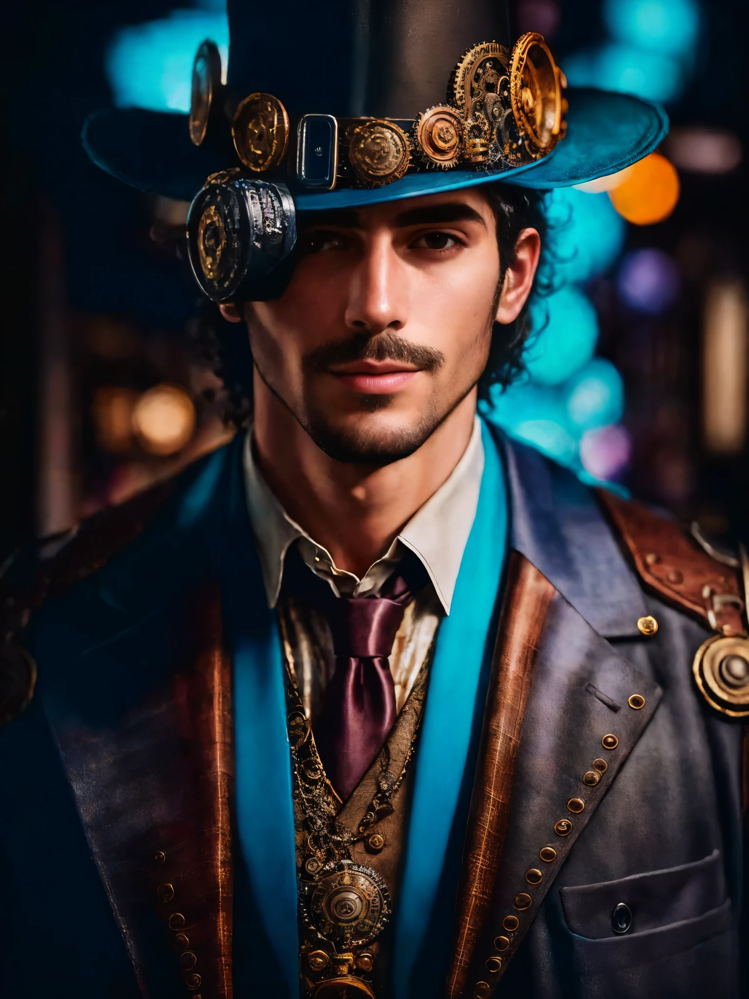 One is wearing a hat、wearing a suit、man wearing tie, Steampunk male portrait, Close-up portrait of a technician, Super detailed fantasy characters, detailed portrait of person, tim burton (Unreal Engine, Close-up portrait, Very rich in character details, mago steampunk, , Old cyberpunk, Highly detailed iconic characters, digital steampunk art, People art portrait tall good looking boots!Clothes are getting less and less!