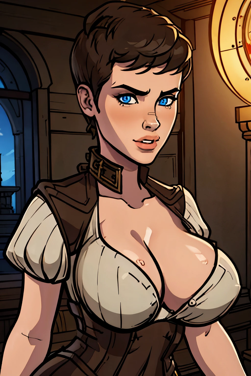 The image features a woman with a prominent bust, a woman, extremely short hair, pixie hairstyle, leather corset, white shirt, brown hair, blue eyes, long chin, steampunk, darkest dungeon artstyle, leather necklace, tight head, european artstyle, perfect face, (Insanely detailed, beautiful detailed face,beautiful detailed eyes, masterpiece, Best quality), ((High-Angle Shot)), Pulling down clothes to expose the chest, fisheye