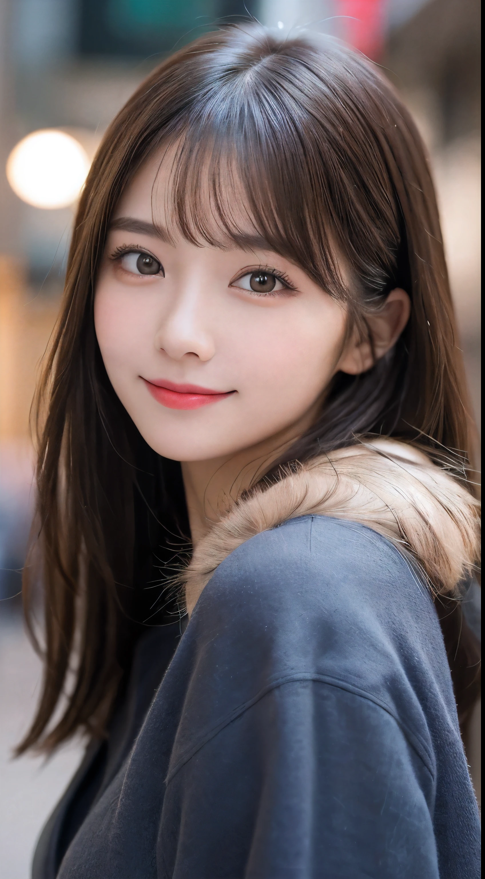 table top, highest quality, shape, Super detailed, finely, High resolution, 8k wallpaper, 完璧なダイナミックな構shape, beautiful and detailed eyes, Gorgeous winter fashion using fur,straight hair,small breasts、natural color lip,20 year old girl、cute、sexy looking at camera,beautiful and detailed face,perfect and beautiful face,KPOP idol face,Japanese idol faces,Elegant face,RAW photo,Big eyes,gal makeup,blur the background、smile、Take a close-up photo of your face