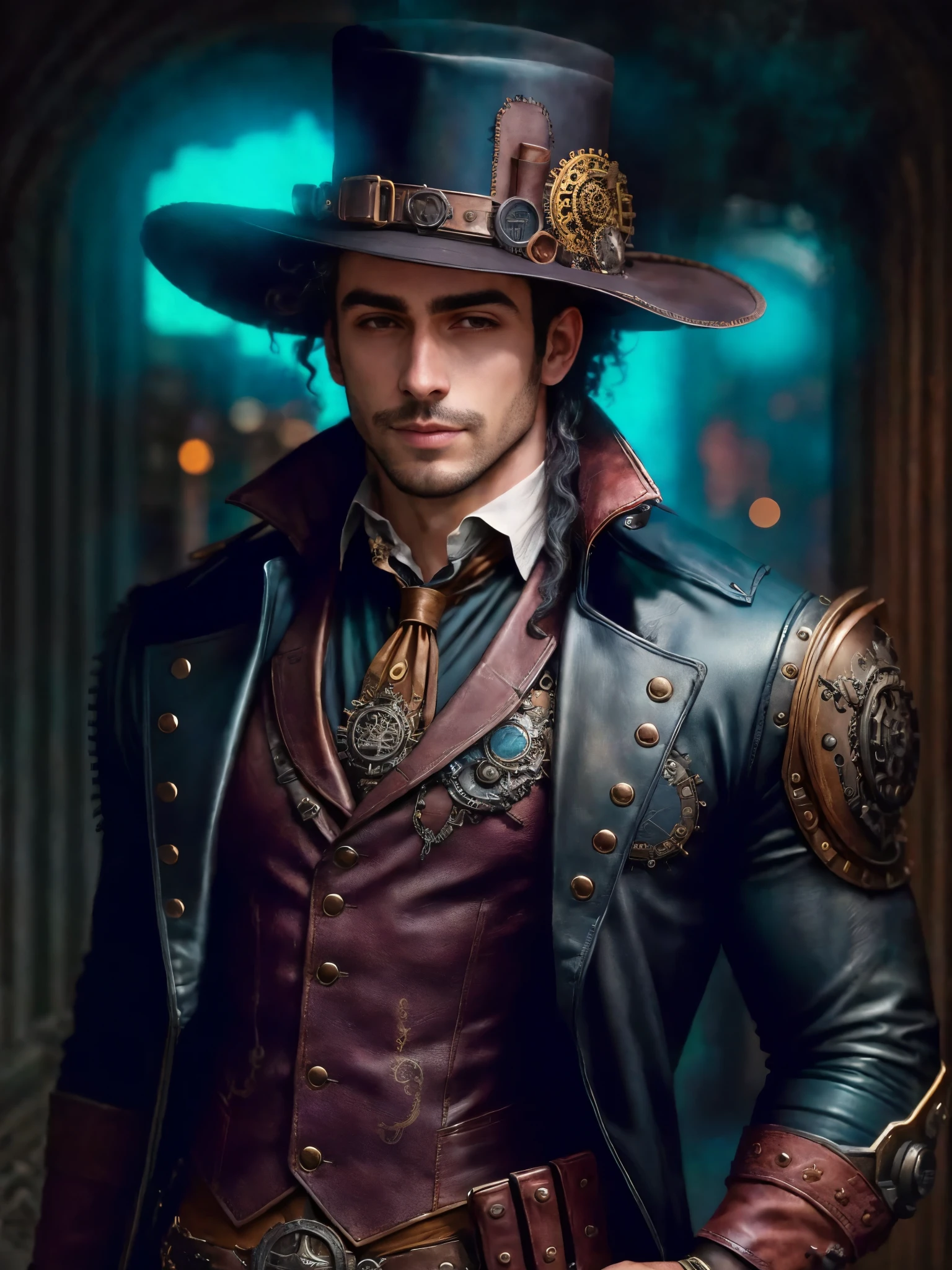 One is wearing a hat、Wearing a black leather suit、open to reveal hairy chest muscles！man wearing tie, Steampunk male portrait, portrait of a technician, Super detailed fantasy characters, detailed portrait of person, tim burton (Unreal Engine, Full body portrait, Very rich in character details, mago steampunk, , Old cyberpunk, Highly detailed iconic characters, digital steampunk art, People art portrait tall good looking boots！Clothes are getting less and less！