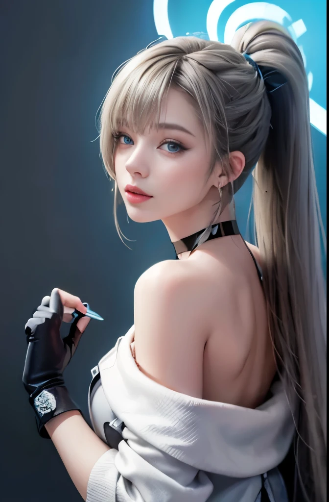 1 girl, aqua eye, return, bangs, bare shoulders, black gloves, blue eyes, Braid, choker, earrings, fingerless gloves, from behind, gloves, gray hair, holding, Jacket, jewelry, long hair, looking at the viewer, looking return, nail polish, off shoulder, parted lips, earrings, ponytail, red Jacket, alone, Upper body,he didn&#39;t,[[realistic]],(shiny skin),(masterpiece:1.4),(highest quality:1.4)