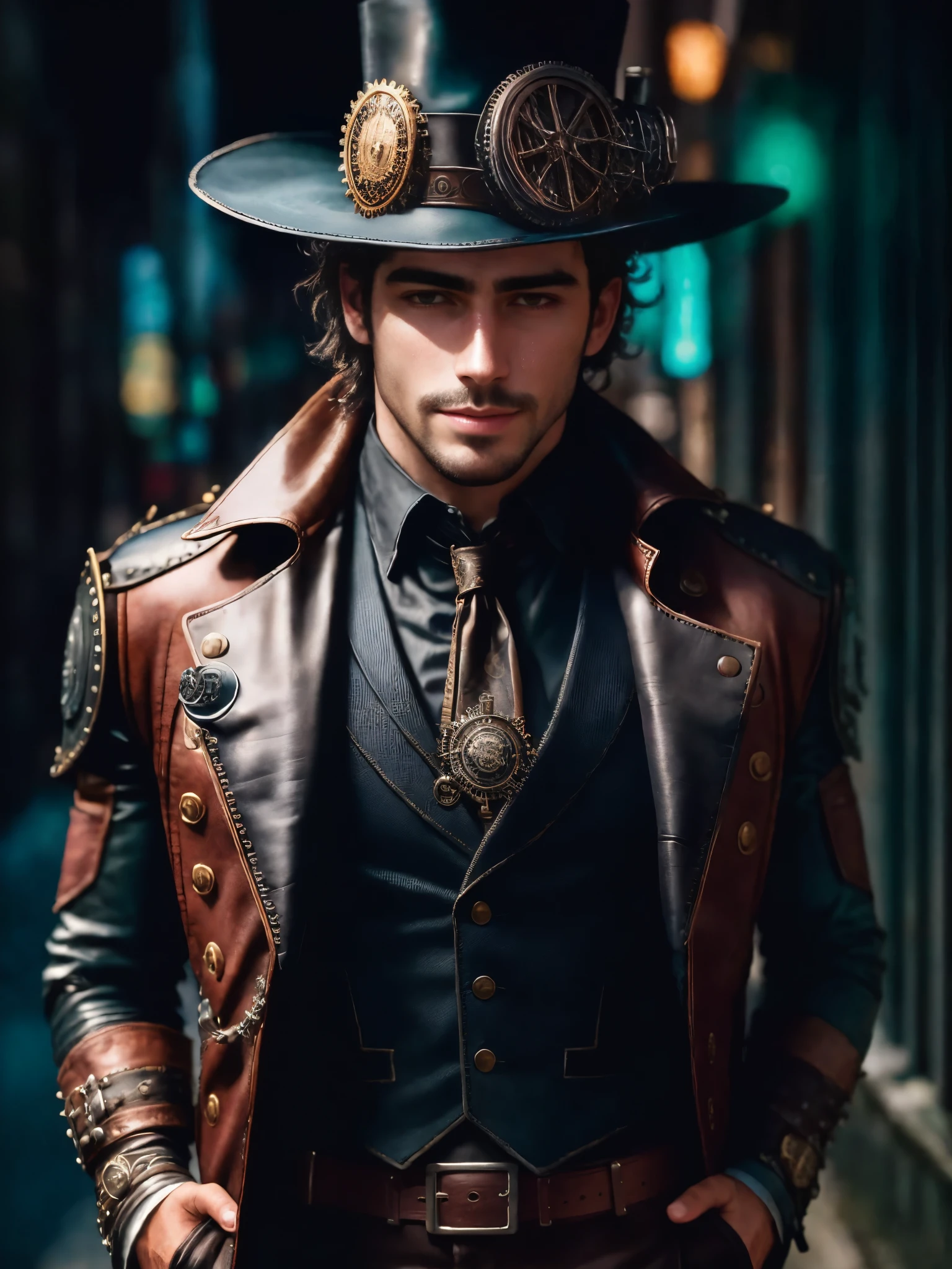 One is wearing a hat、Wearing a black leather suit、open to reveal hairy chest muscles！man wearing tie, Steampunk male portrait, portrait of a technician, Super detailed fantasy characters, detailed portrait of person, tim burton (Unreal Engine, Full body portrait, Very rich in character details, mago steampunk, , Old cyberpunk, Highly detailed iconic characters, digital steampunk art, People art portrait tall good looking boots！Clothes are getting less and less！