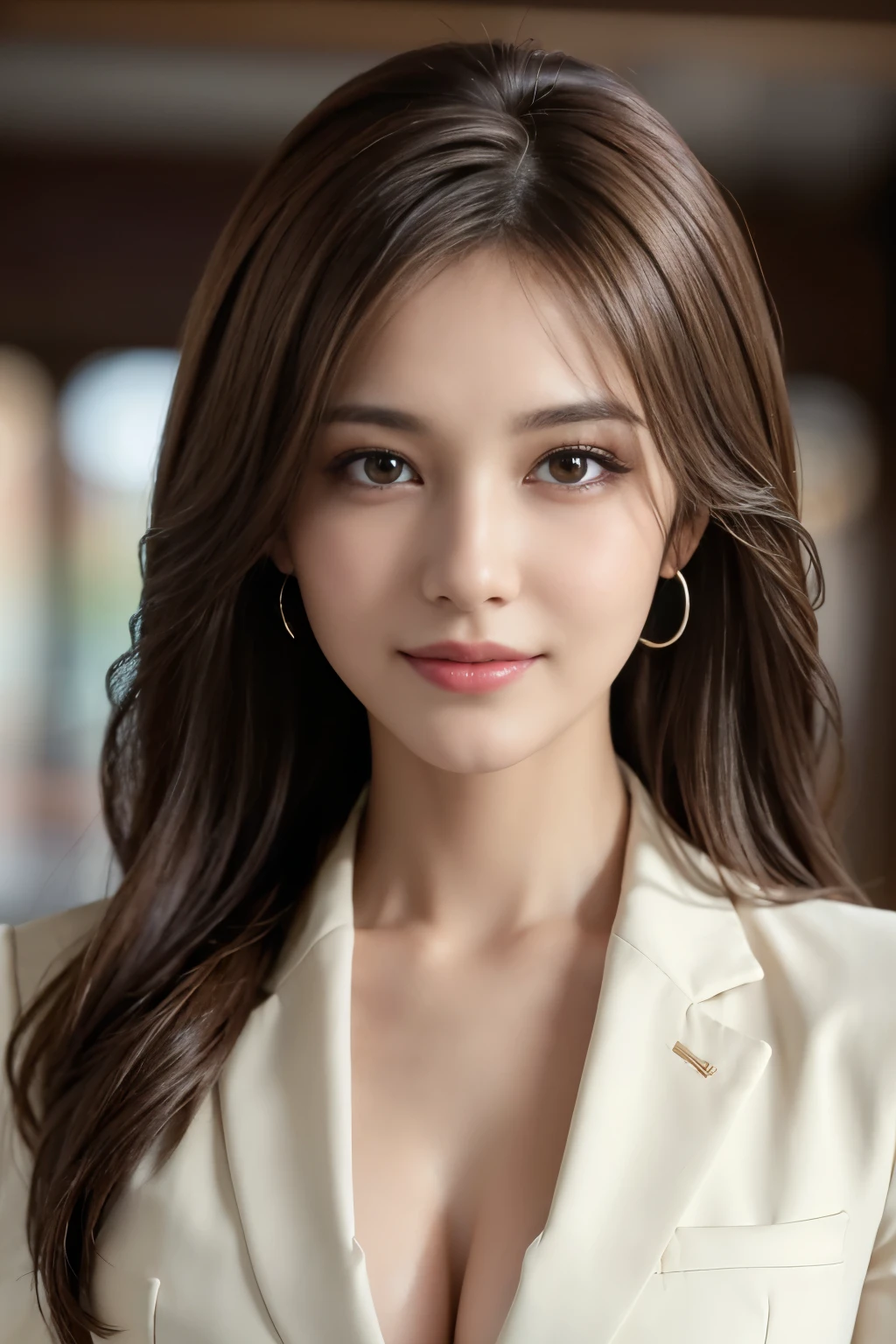 table top, highest quality, realistic, Super detailed, finely, High resolution, 8k wallpaper, 1 beautiful woman,, light brown messy hair, wearing a business suit, sharp focus, perfect dynamic composition, beautiful and detailed eyes, thin hair, Detailed realistic skin texture, smile, close-up portrait, model body shape