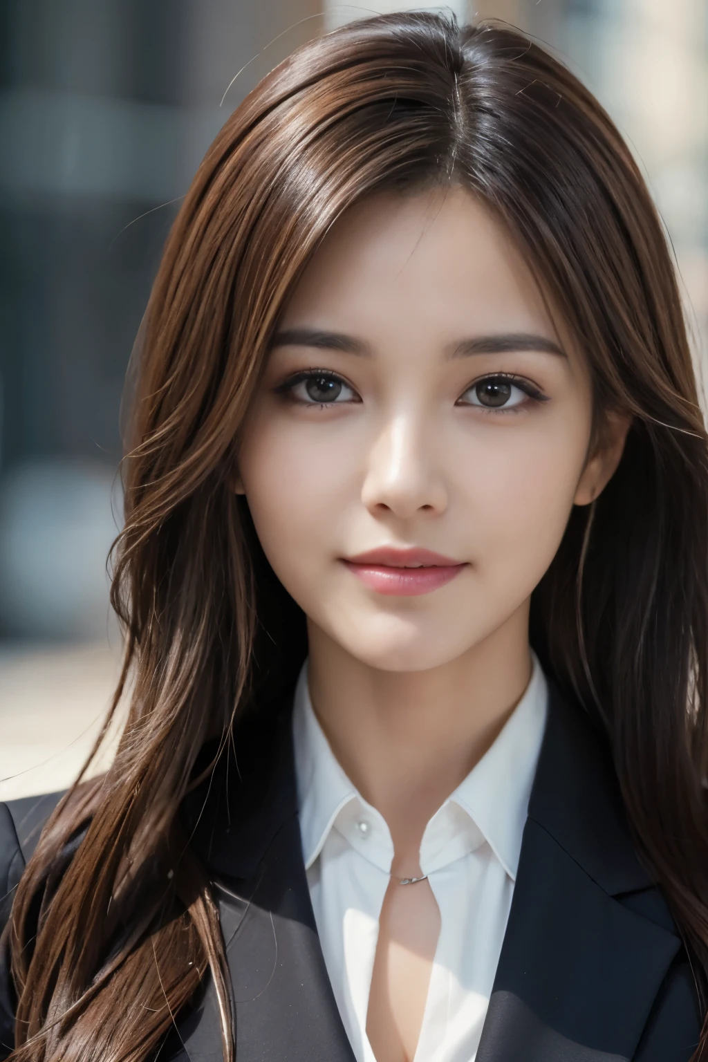 table top, highest quality, realistic, Super detailed, finely, High resolution, 8k wallpaper, 1 beautiful woman,, light brown messy hair, wearing a business suit, sharp focus, perfect dynamic composition, beautiful and detailed eyes, thin hair, Detailed realistic skin texture, smile, close-up portrait, model body shape