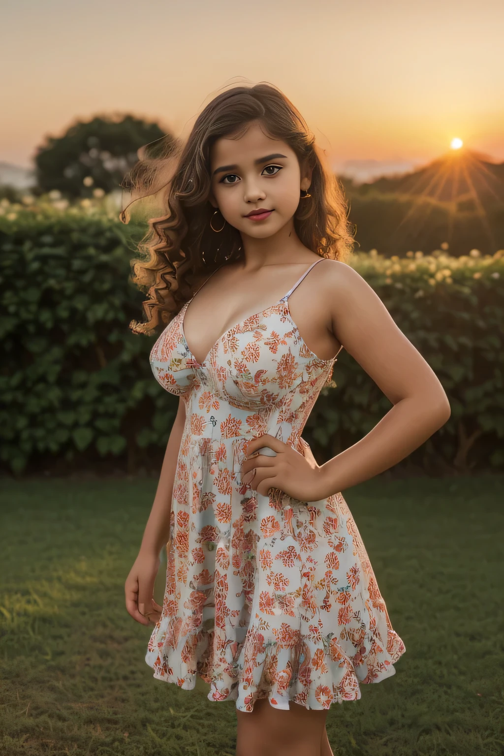 ((One desi 10 year old girl, school dress , (((44M size round breast ))) , semi curvy, small waist, ((wearing summer floral dress tight)), (Laia Manzanares) (Tween model, 8 years old, young)), Ethereal beautiful, slim, , ((Burnett long extreme curly hair, hezel eyes, small waist, , Soft light, full body picture, red lipstick)), masterpiece, (in front of sunrise), Best Quality, Photorealsitic, 8K, High resolution, Detailed skin, 8K UHD, Digital SLR, Soft lighting, High quality, Film grain, FUJI XT3,