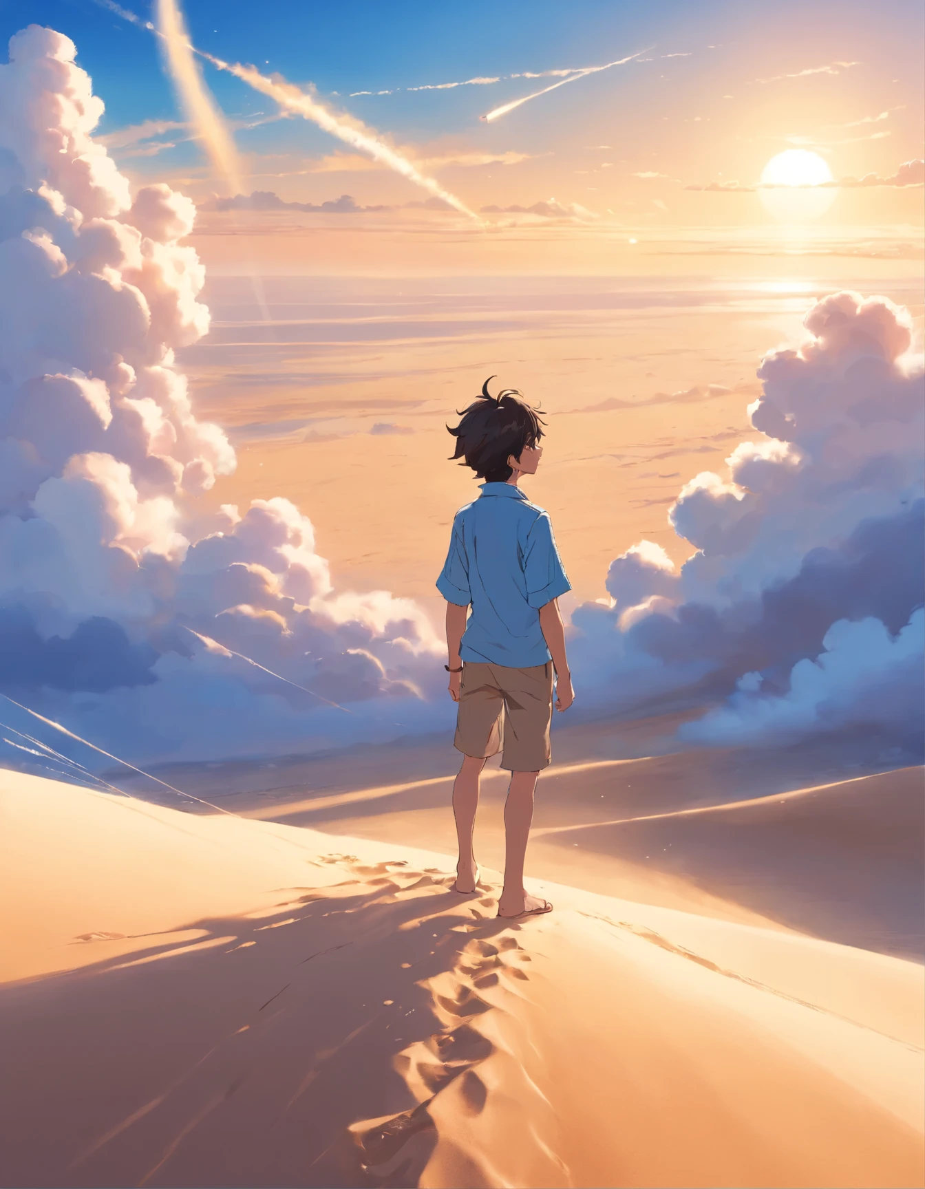 In the image, a boy is standing on a desert sand dune, looking up at a vast blue sky filled with fluffy white clouds. There are airplane trails in the sky.