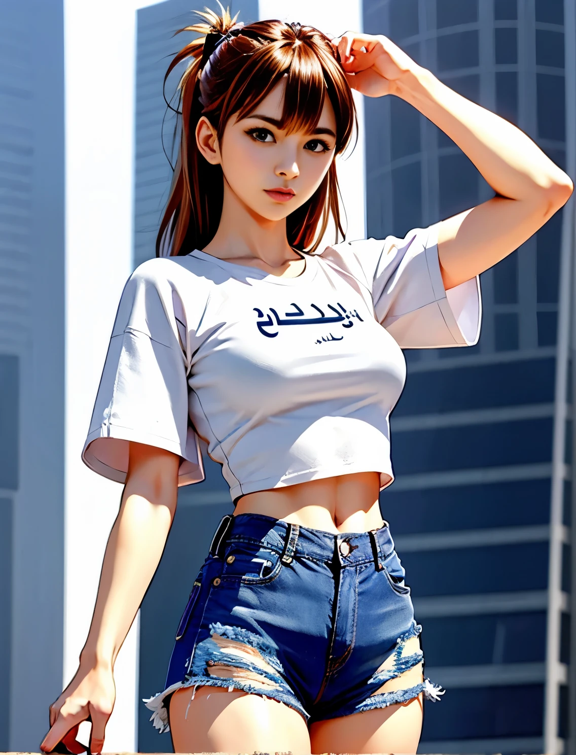 Arab asian woman with long hair and white shirt, denim uper mini skirt、denim mini skirt、casual clothes装, casual clothes, crop topを着ている, tight shirt, wears tight and simple clothes, wearing a torn crop t-shirt, white trendy clothes, wearing casual clothes装, ( ( ( wearing jeans ) ) ), korean female fashion model, casual clothes style, wearing tight shirt, crop top