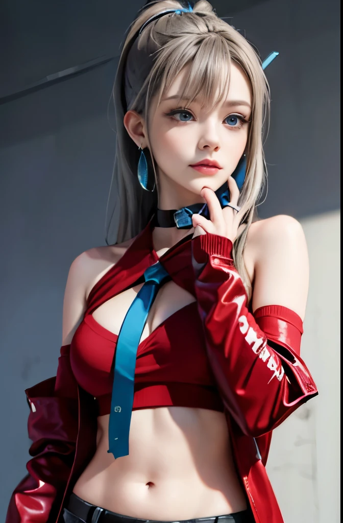 1 girl, aqua eye, return, bangs, bare shoulders, black gloves, blue eyes, ( Ichinose Asuna, Blue archive), choker, earrings, fingerless gloves, from behind, gloves, gray hair, holding, Jacket, jewelry, long hair, looking at the viewer, looking return, nail polish, off shoulder, parted lips, earrings, ponytail, red Jacket, alone, Upper body,he didn&#39;t,[[realistic]],(shiny skin),(masterpiece:1.4),(highest quality:1.4)