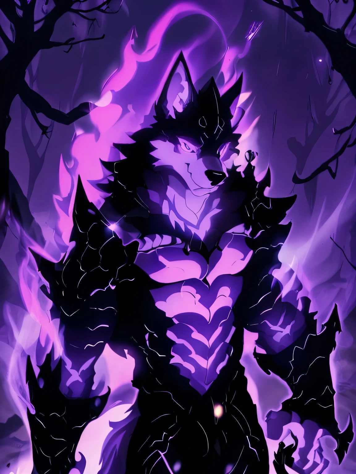 male, furry, Wolf anthro, solo, purple fur, purple eyes, (Realistic eye details 1.2), dark knightwear, undead shadow with purple flames and black body, a great sword, ((best quality, masterpiece)), Standing in Rubbles, Dark forest background, epic fantasy art style, epic fantasy digital art style, abs, dramatic lighting, soft lighting, day, highly detail,( Realistic face detail 1.2), detail face ((Solo leveling))